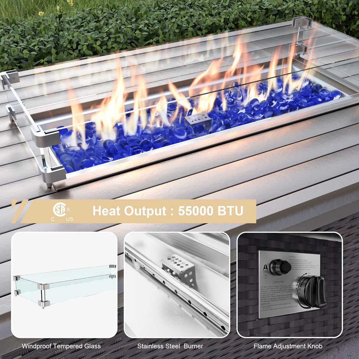 ALAULM Juego de 15 muebles de patio para exteriores con mesa para fogata de propano, sofás seccionales para exteriores, muebles de patio, fogata de gas de 43 pulgadas, juego de conversación de ratán de polietileno marrón con 12 cojines, arena