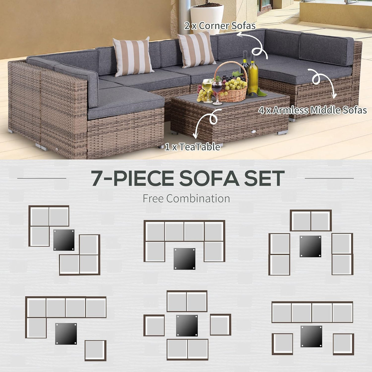 Outsunny Juego de muebles de patio de 7 piezas, juego de conversación de mimbre para exteriores, juego de sofá modular de ratán PE para todo tipo de clima, con cojines y mesa de madera sintética, almohadas a rayas, gris