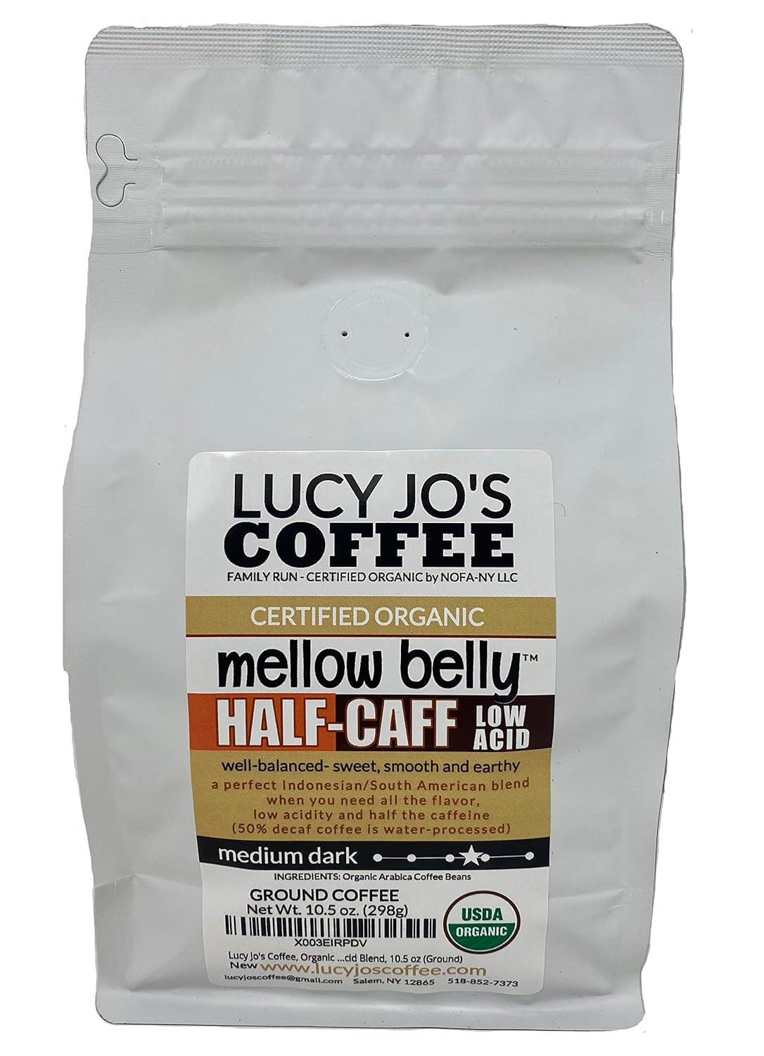 Café Lucy Jo's Mellow Belly Half-Caff, Bajo Acidez, 10.5 oz