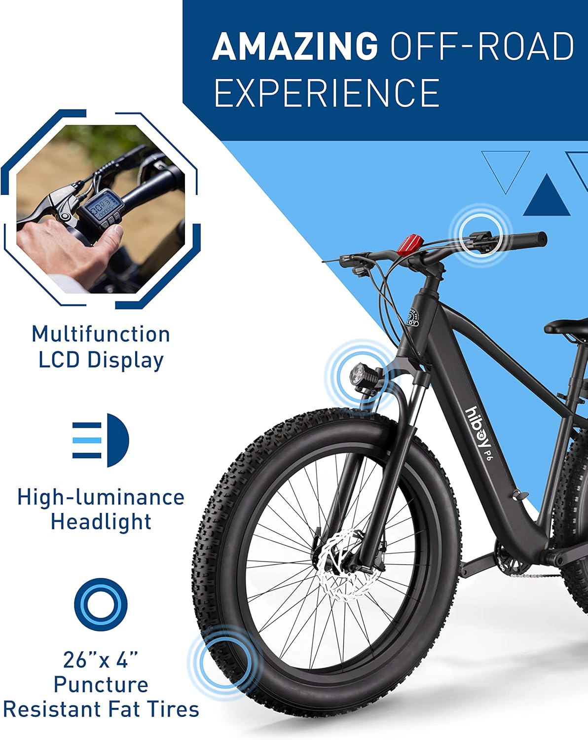 Bicicleta eléctrica Hiboy P6, 1000W, 62.1 millas, 26” fat tire