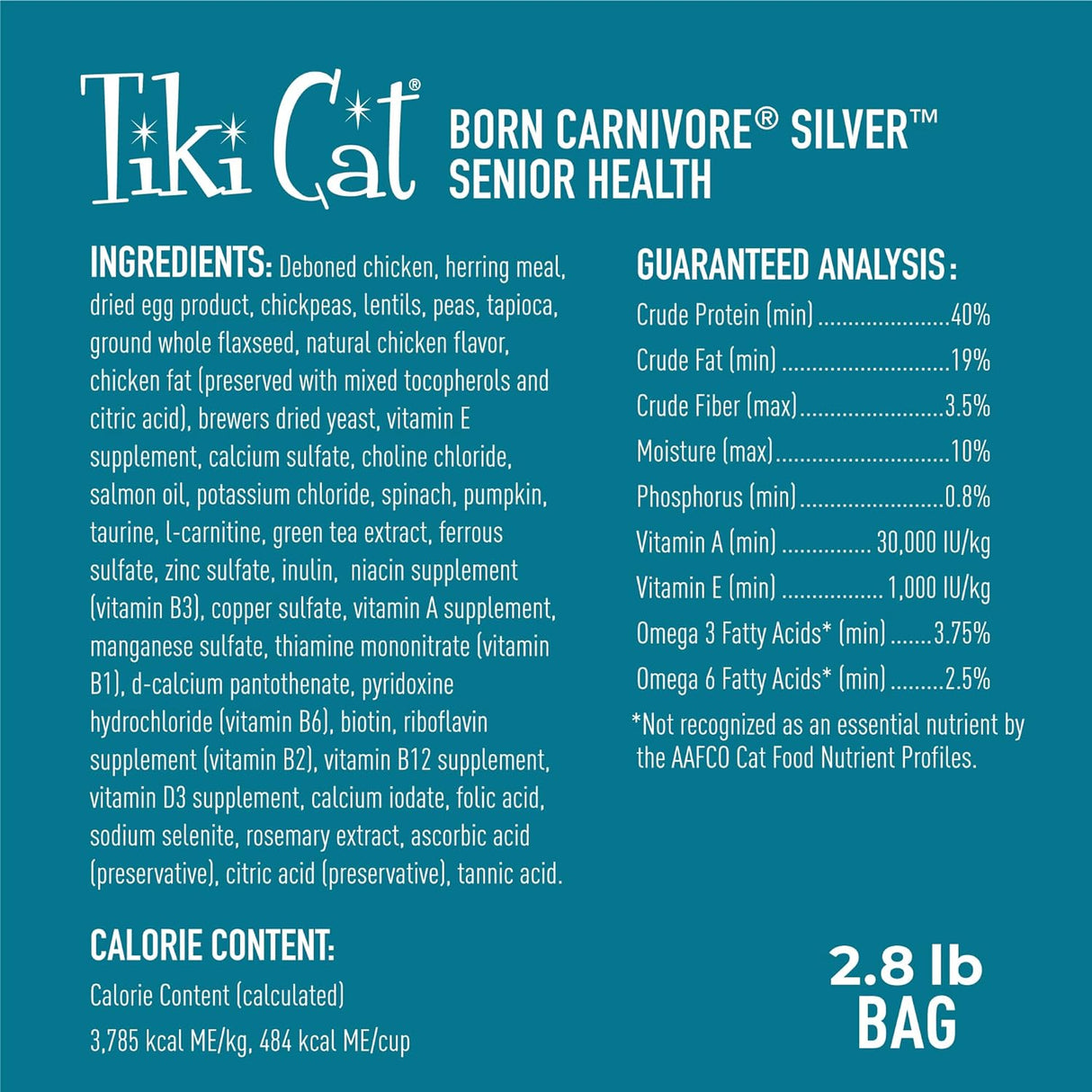 Tiki Cat Born Carnivore Silver, Senior Health, Receta de comida de pollo y arenque, apoyo inmunológico con croquetas horneadas para maximizar los nutrientes, alimento seco para gatos adultos mayores de 11 años, bolsa de 2.8 libras