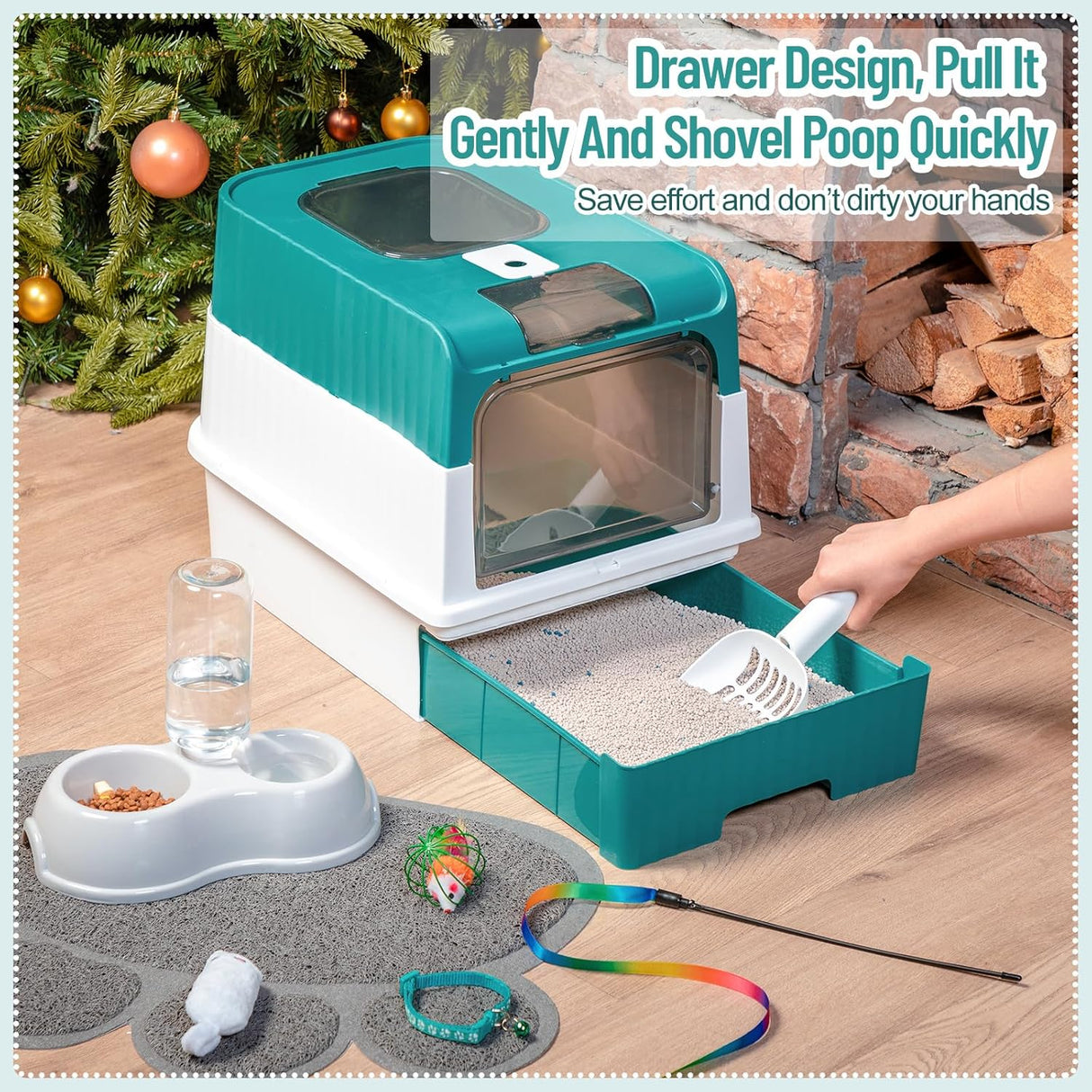 Kit de arenero con alfombrilla para gatos color verde Tioncy