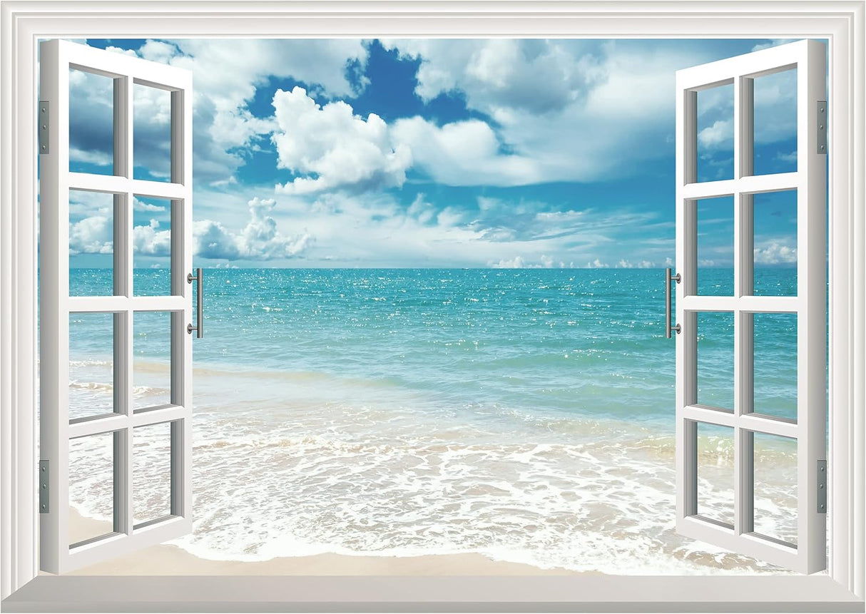 Adhesivo de pared falso para ventana, mural playa de verano para decoración de pared, calcomanías de pared para pegar y despegar, 16 x 24 pulgadas