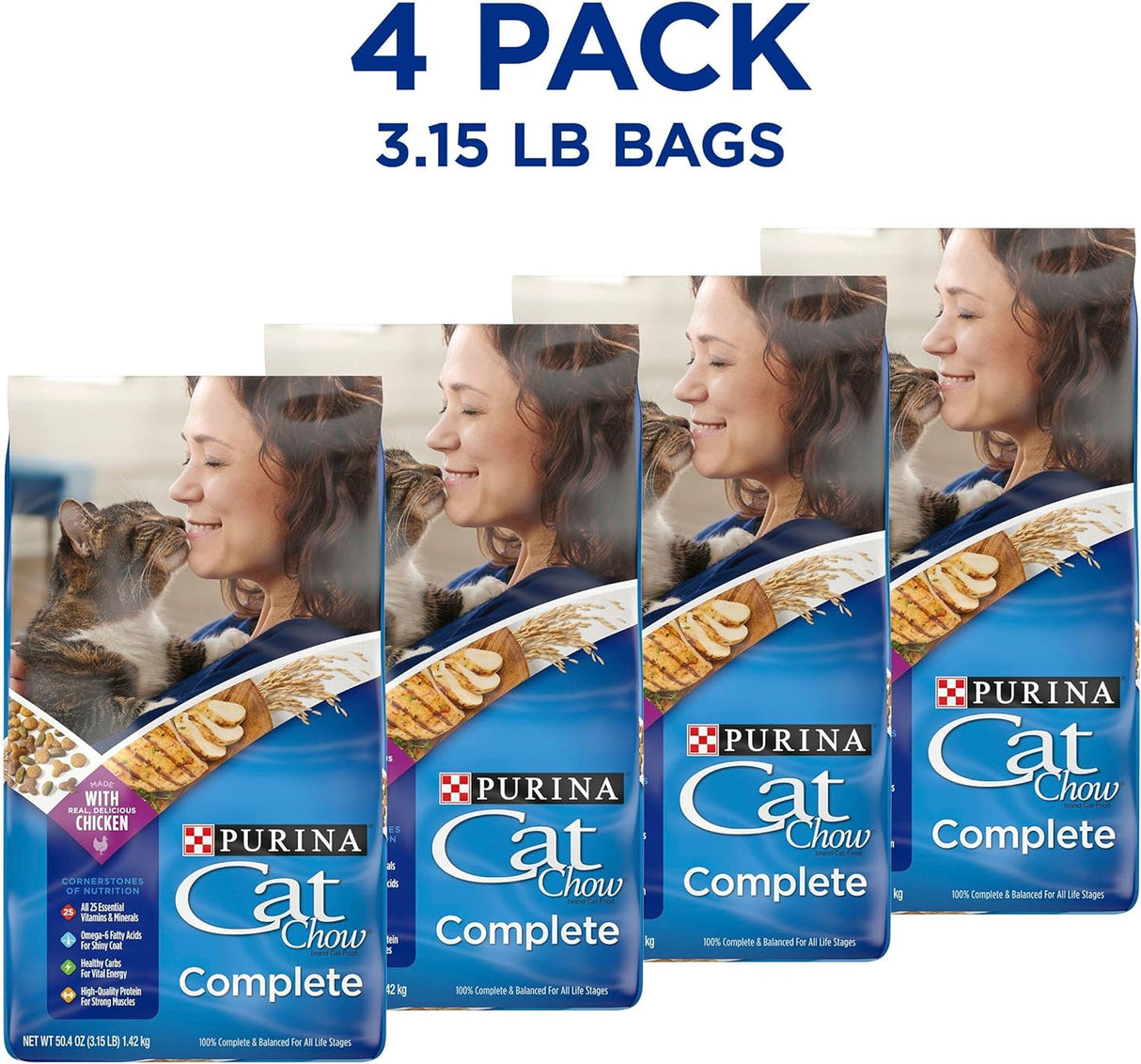 Purina Cat Chow Alimento seco para gatos alto en proteínas, completo - (4) bolsas de 3.15 libras