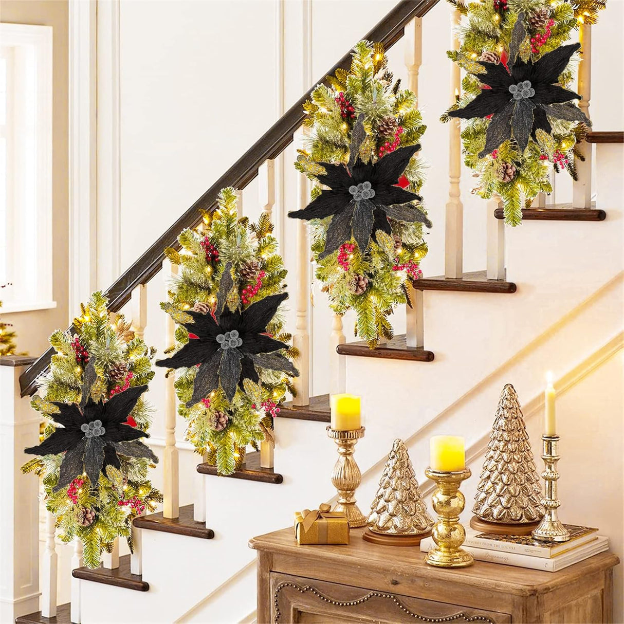 Flores Poinsettia Grandes Briful, Set de 4, 12'' Artificiales