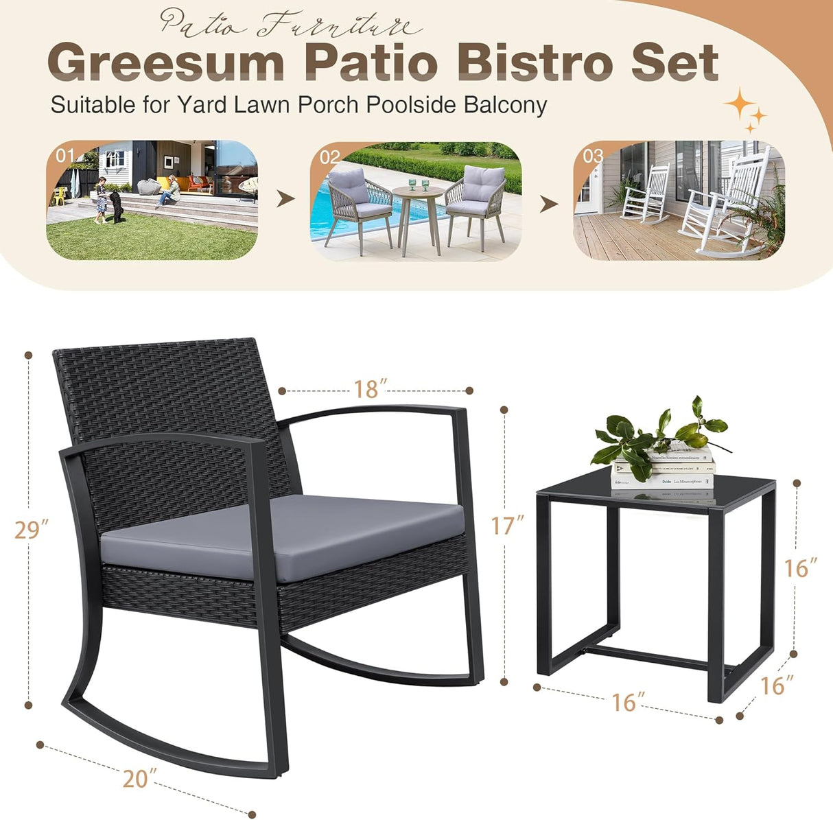 Greesum Juego de muebles de exterior de 3 piezas para patio, bistró, mecedoras con mesa de centro de cristal para piscina, playa, patio, balcón, porche, terraza, jardín, gris