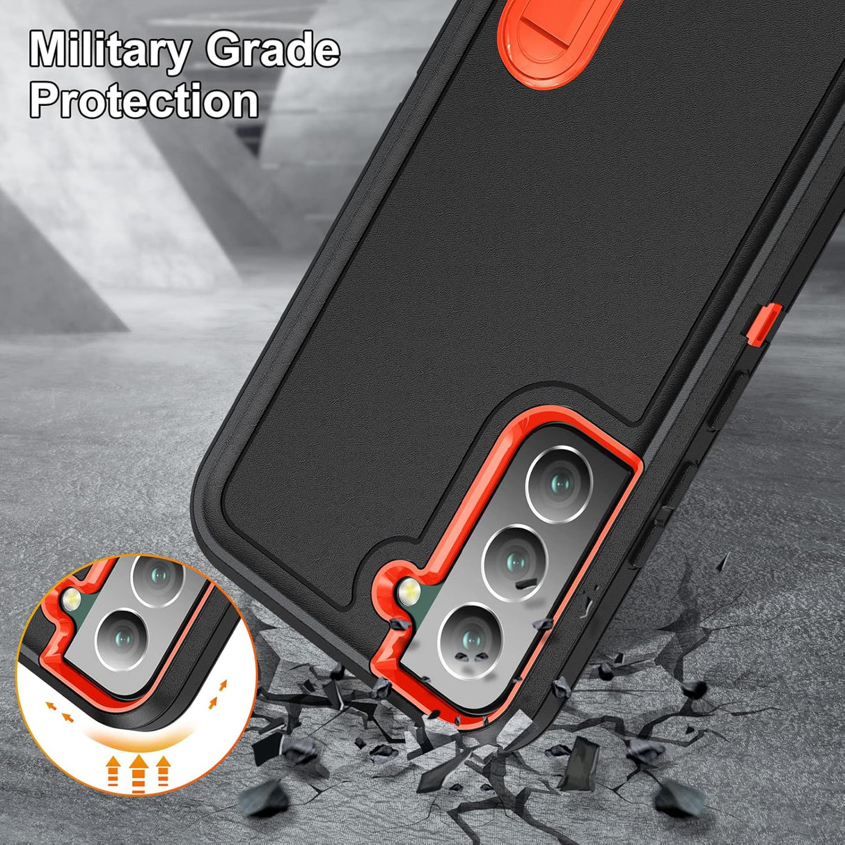 BaHaHoues Funda para Samsung Galaxy S22, Samsung S22, con soporte integrado, a prueba de golpes, polvo, caídas, grado militar, para Galaxy S22 5G de 6.1 pulgadas (negro/naranja)