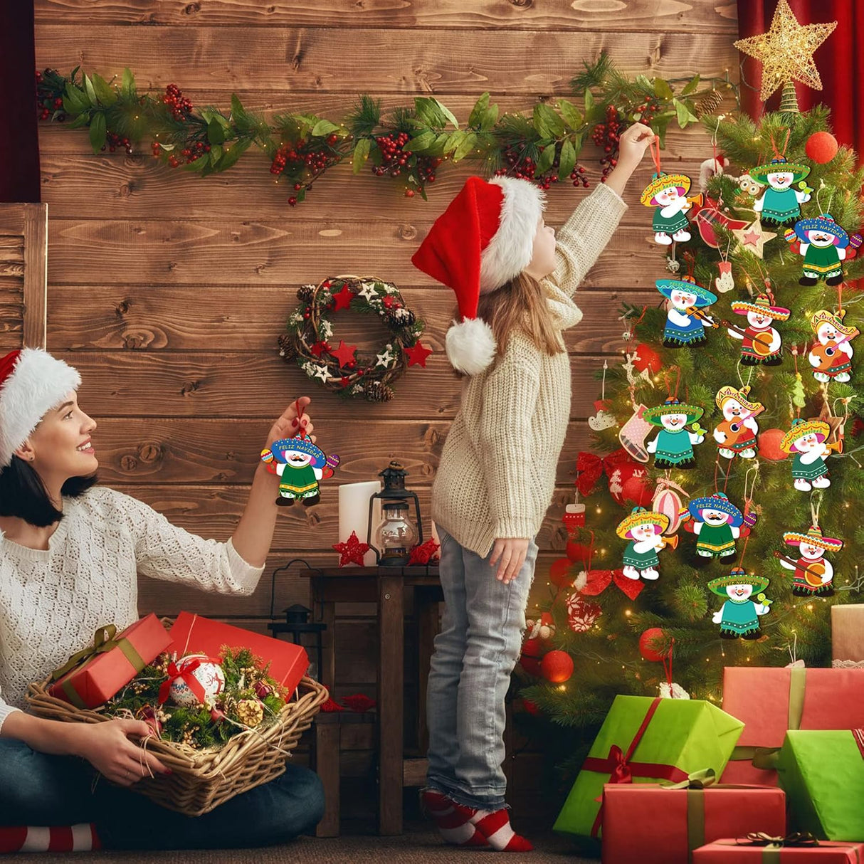 Adornos de Madera Mexicanos, Feliz Navidad, 24 Piezas, 6 Estilos