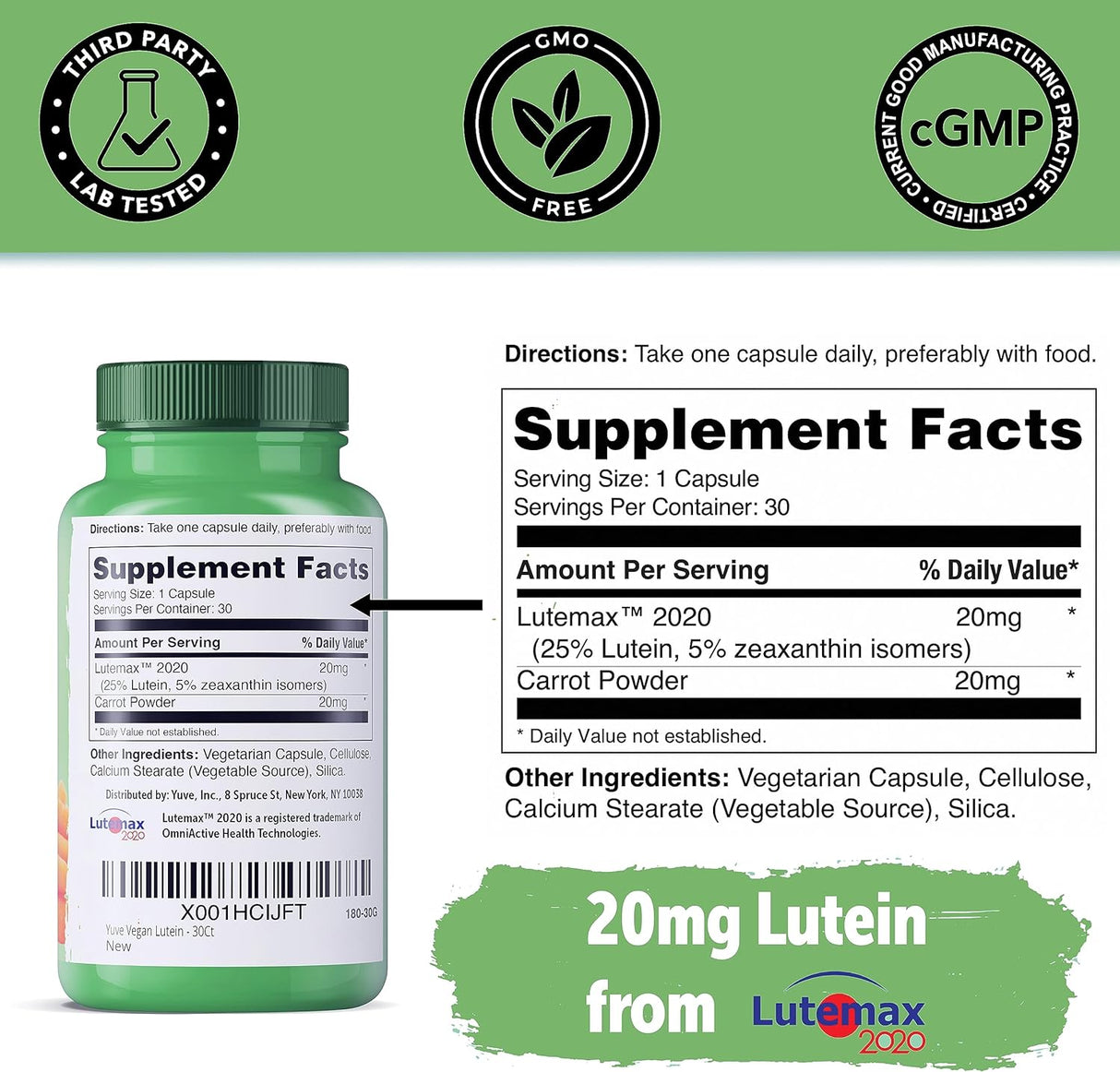 Suplemento de luteína zeaxantina, luteína 20 mg, vitamina para la salud de los ojos, para ojos secos, fatiga, luteax2020, suplementos oculares - 30 cápsulas veganas