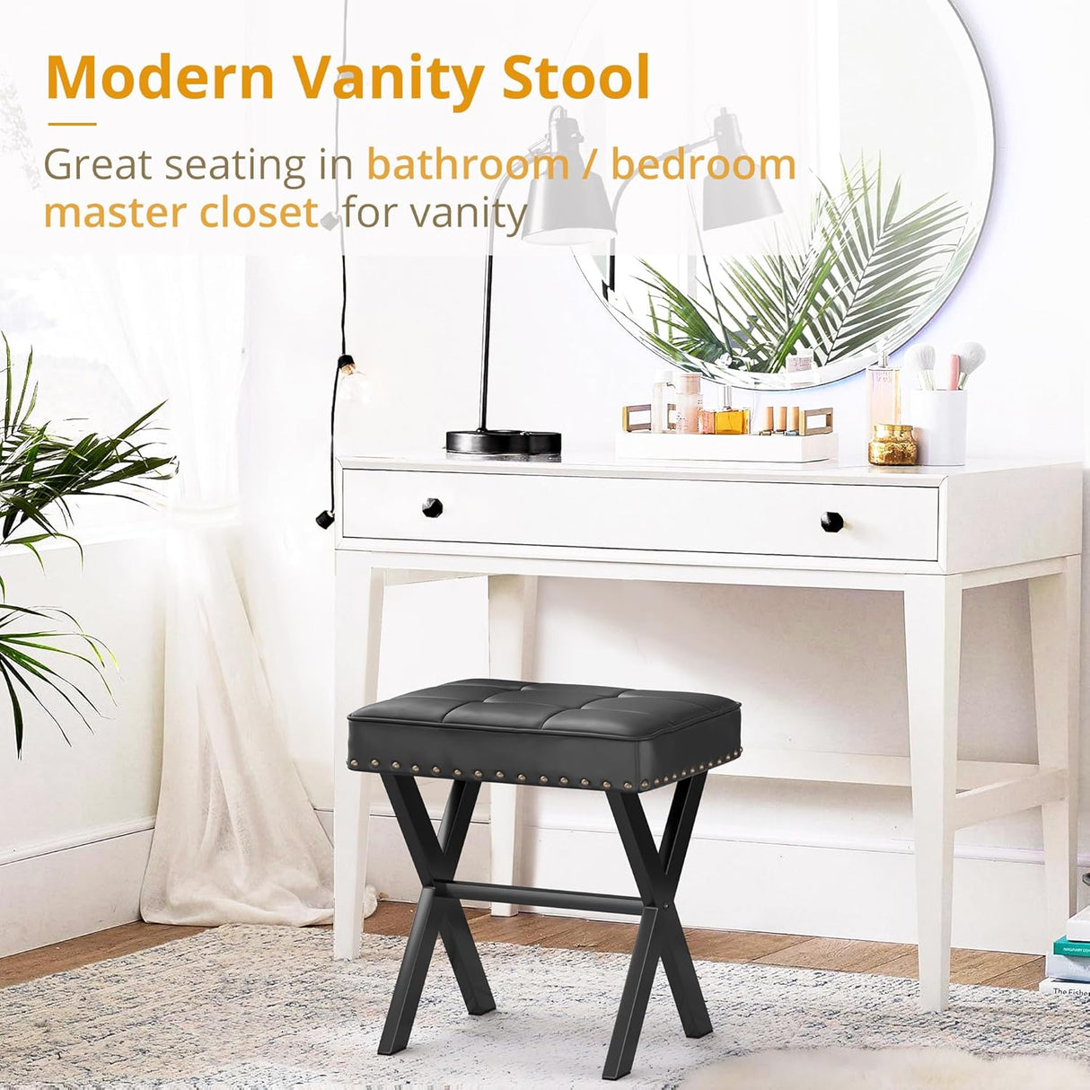 Taburete de Maquillaje Cuadrado de Cuero Sintético con Patas X