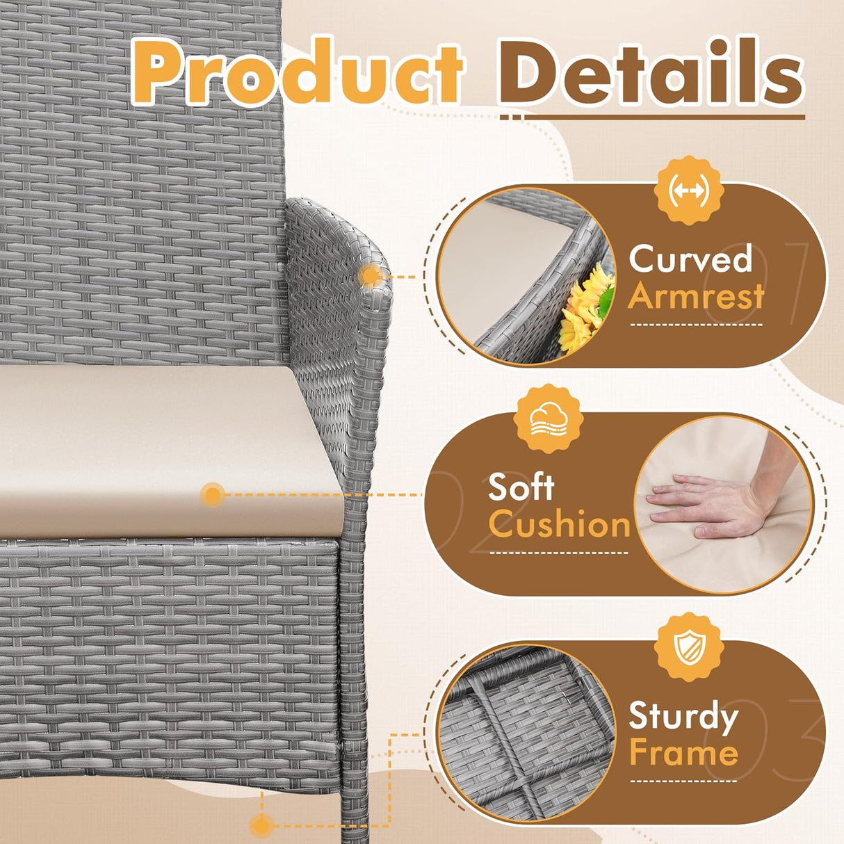 Flamaker Juego de muebles de patio de 3 piezas de ratán para todo tipo de clima, sillas de patio con mesa de vidrio templado para porche, bistró y balcón (gris/crema)