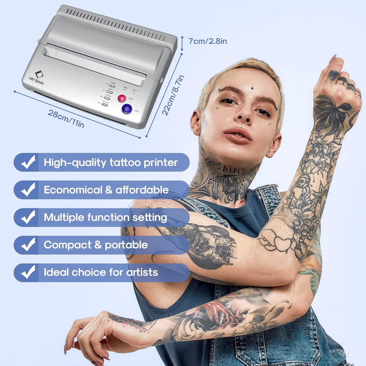 LifeBasis Máquina de plantillas de transferencia de tatuajes, impresora térmica profesional de plantillas de tatuajes con papel de transferencia de tatuajes, 20 hojas, kit de impresora de tatuajes