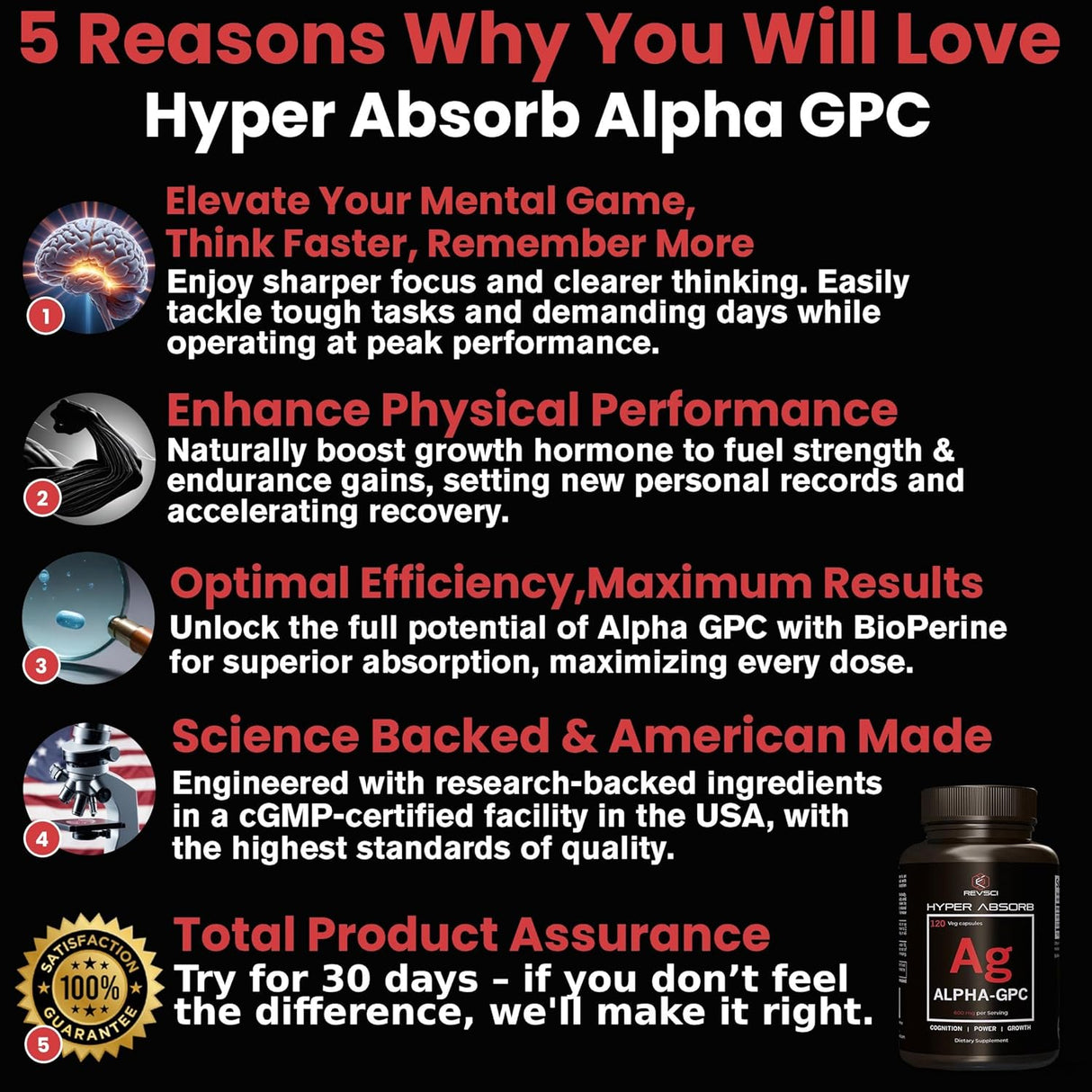 Suplemento Alpha GPC + BioPerine, 600mg, Nootrópico para Memoria