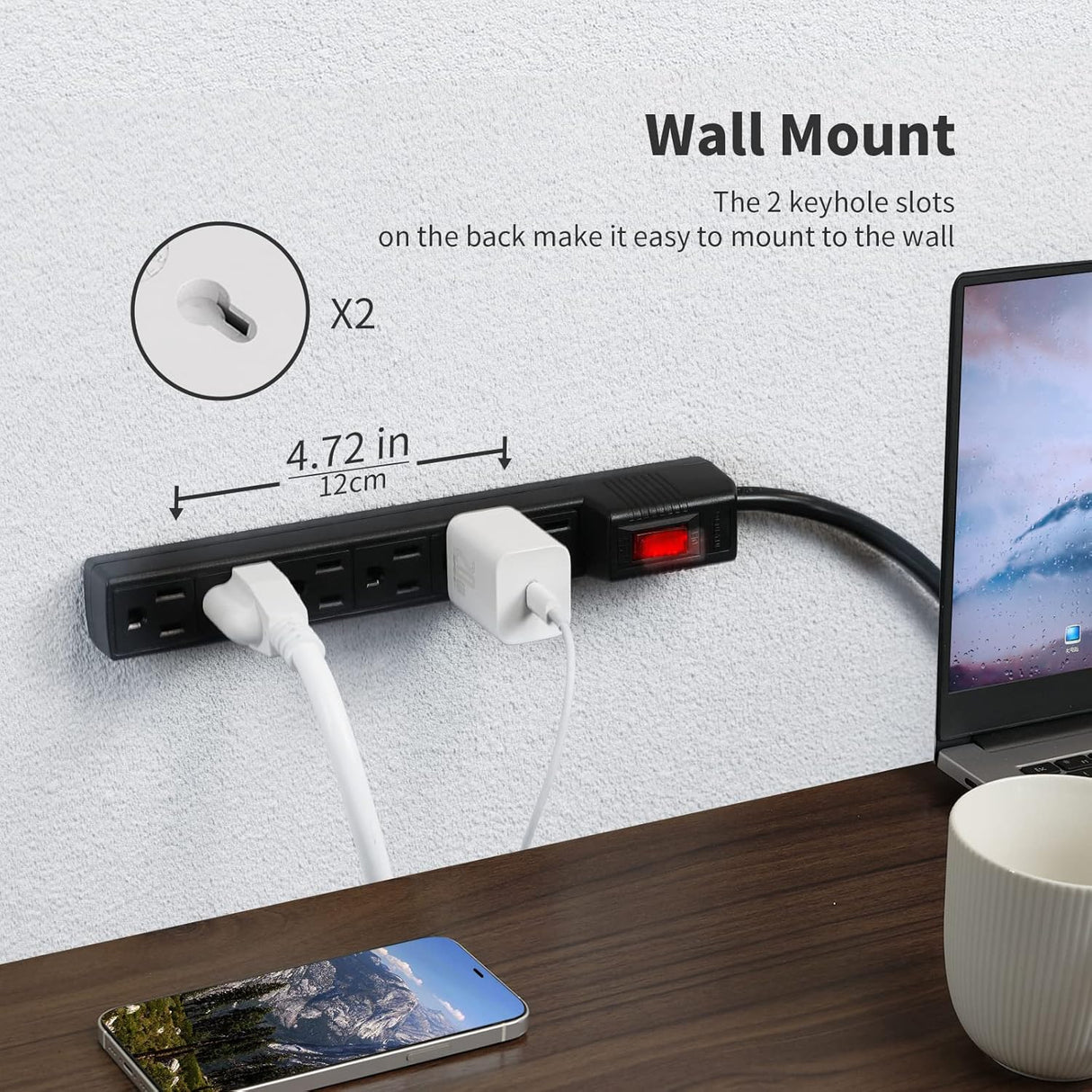 PLUGTUL Paquete de 2 protectores de sobretensiones con 6 tomas de corriente y cable de extensión de 2 pies, 1875 W/15 A, 90 julios, protección contra sobrecargas y sobretensiones, soporte de pared