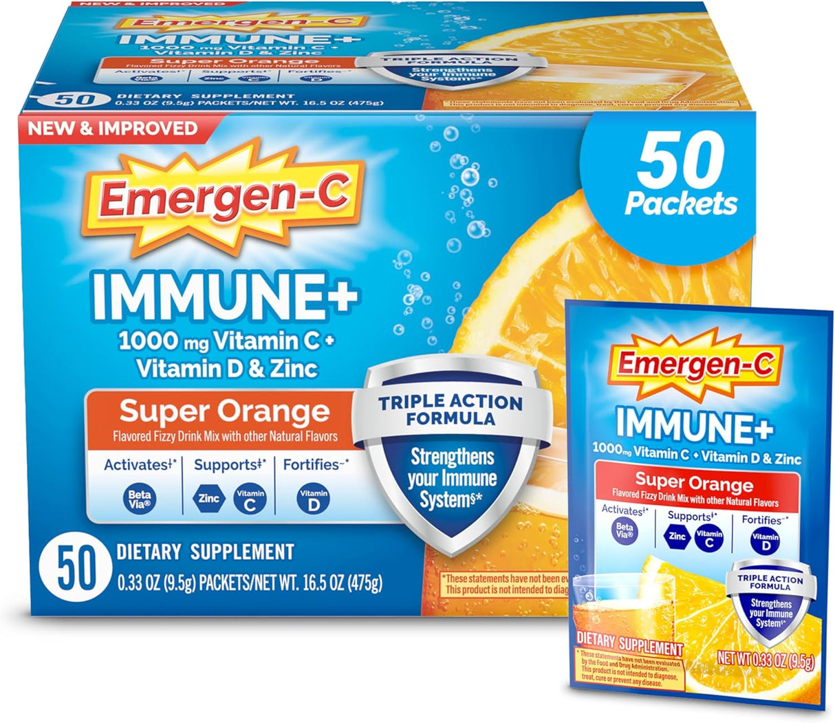 Emergen-C Immune+ Suplemento de Vitamina C, B, D – 50 sobres