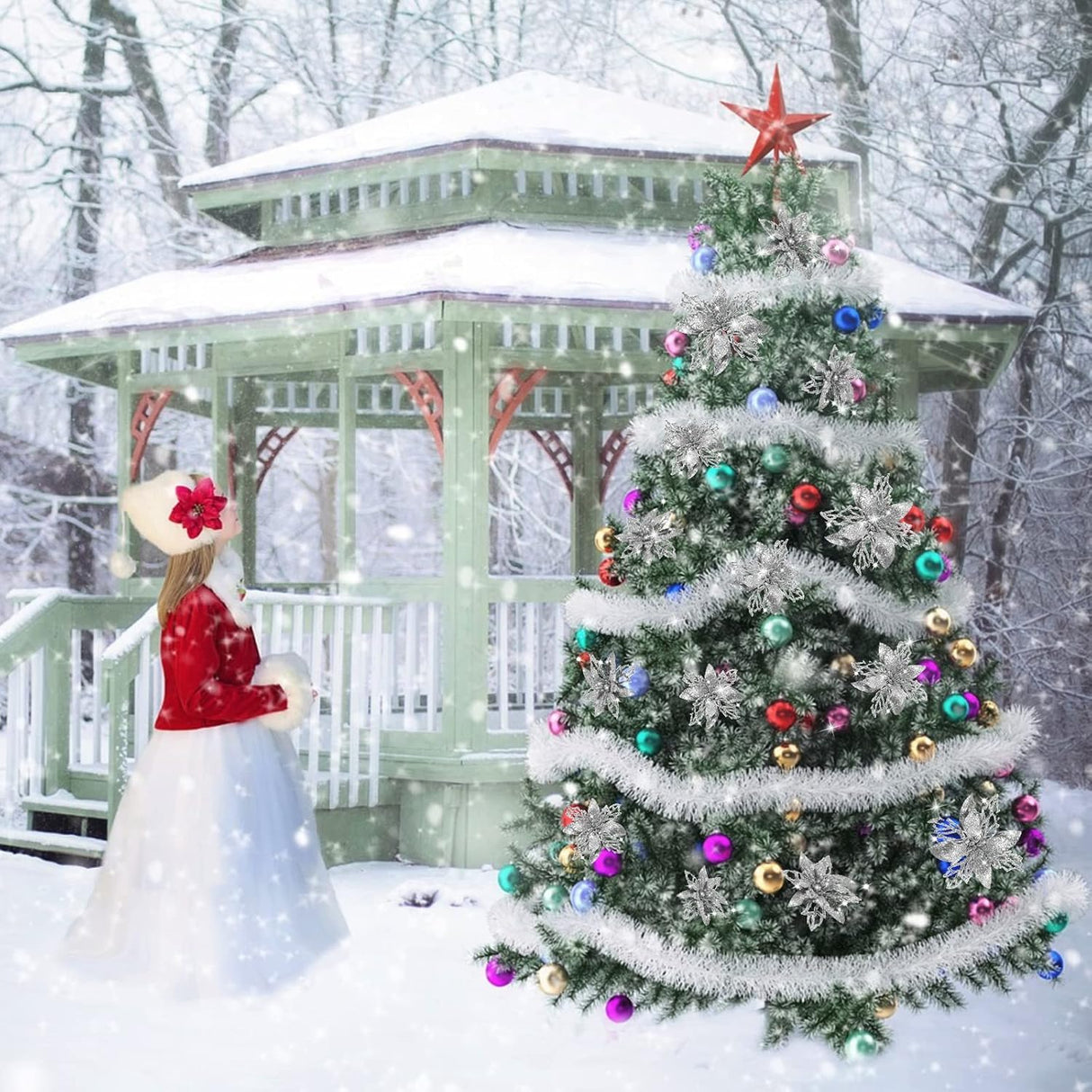 Flores Artificiales Poinsettia Boao 24 Piezas Decoraciones Navidad