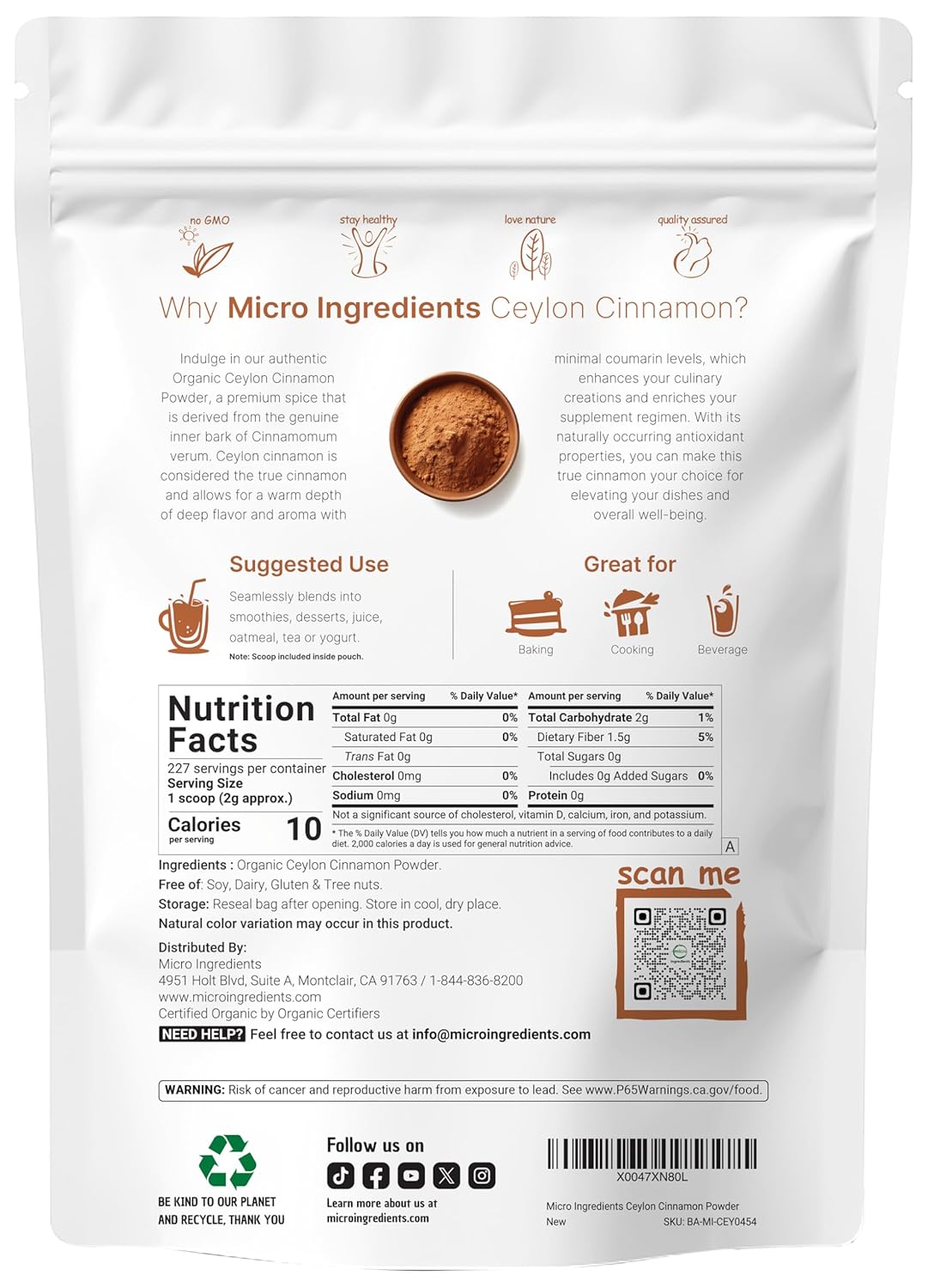 Canela Ceylon Orgánica 1lb | Sin Aditivos, No GMO, Sri Lanka
