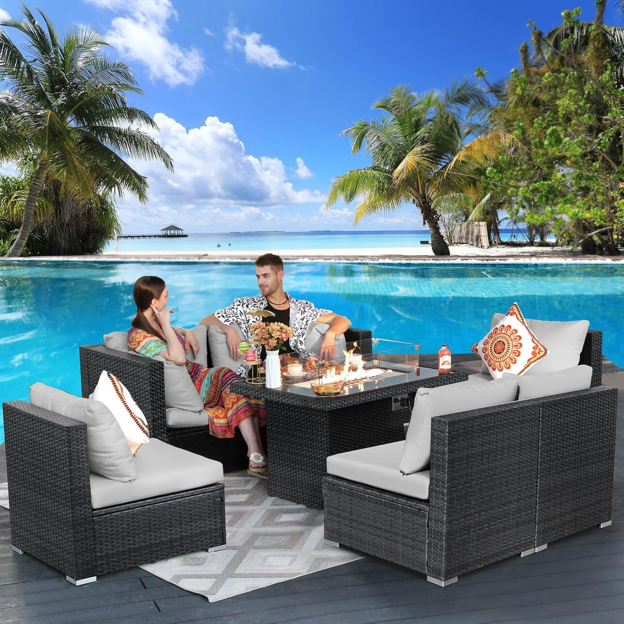 RADIATA Juego de muebles de mimbre de polietileno para patio, sofá seccional de respaldo alto, juegos de sofá de gran tamaño con mesa para fogata de propano, 55000 BTU, juegos de conversación de ratán para exteriores (7 piezas, gris claro)