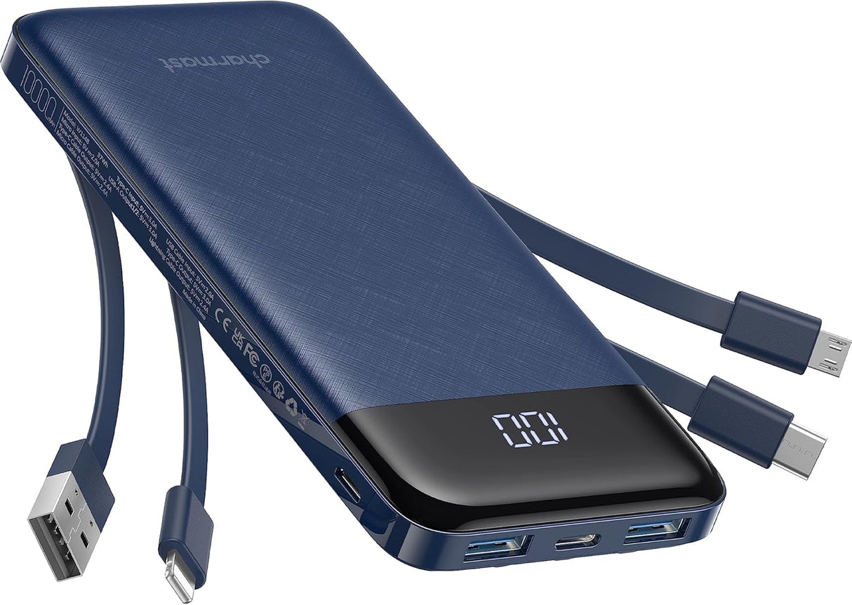 Cargador Portátil con Cables Integrados Slim 10000mAh 3A 6 Salidas