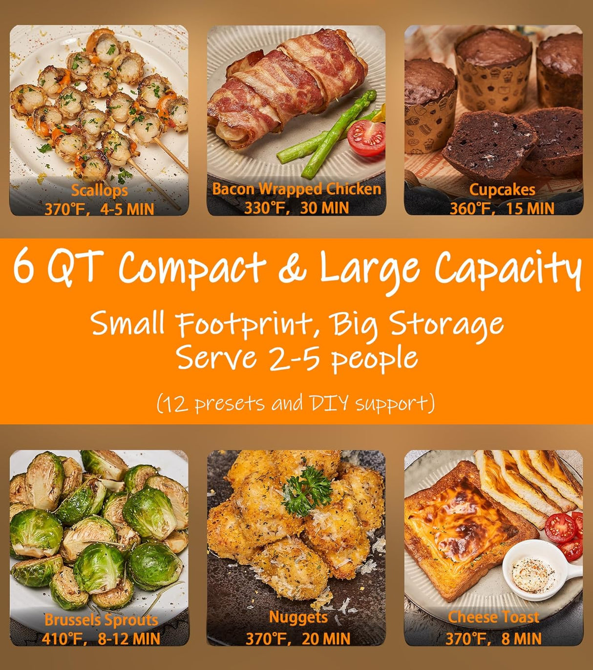 Freidora de Aire 6 QT, 1700W, Ventana, 12 Presets, Modelo 6QT