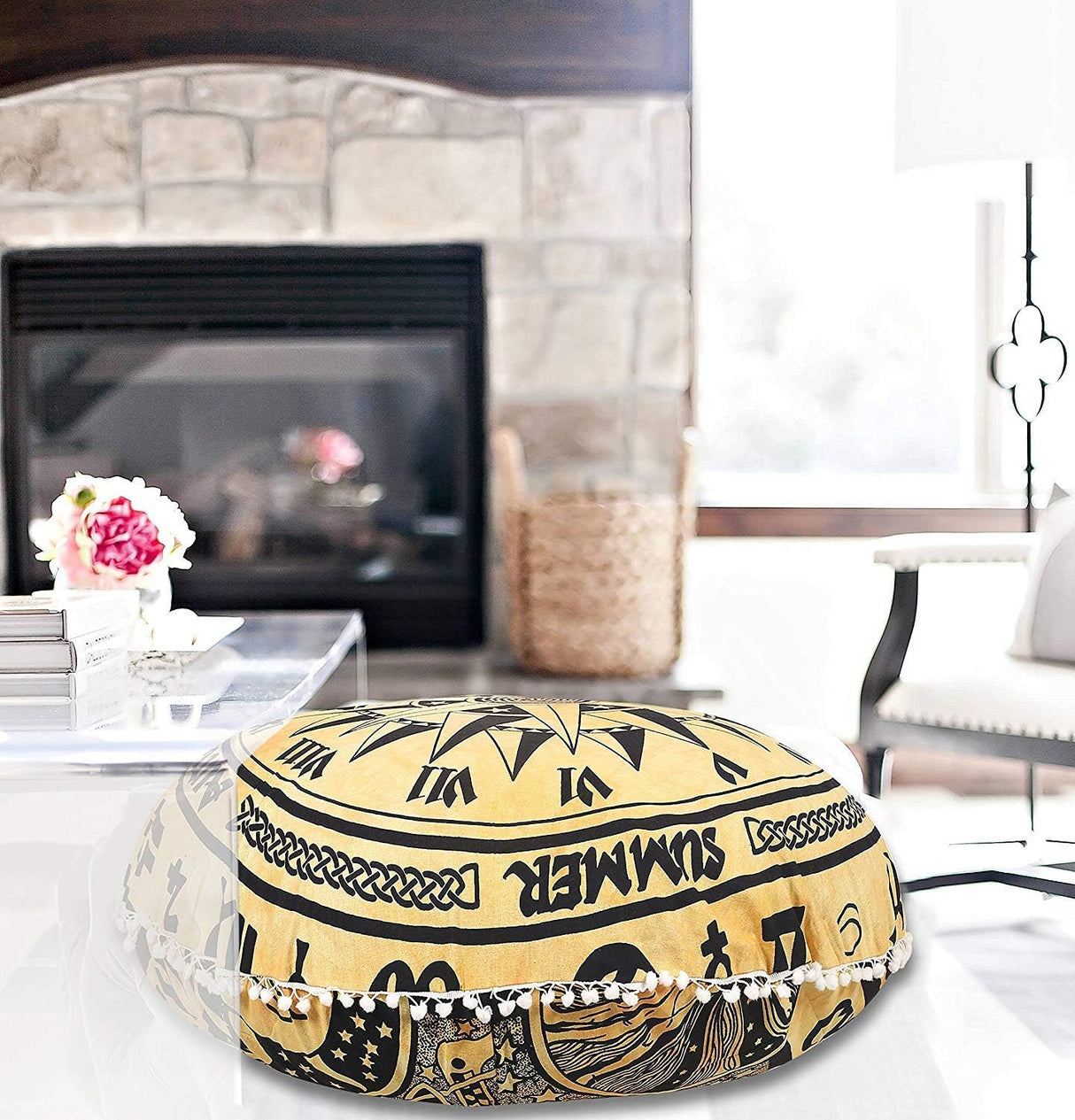 Funda bohemia para cojín, de 32 pulgadas, con diseño de mandala, para meditación, decorativa, otomana, grande, para exteriores, decoración del hogar, decoración de arte en el hogar, redonda, con pompones de algodón, cómoda