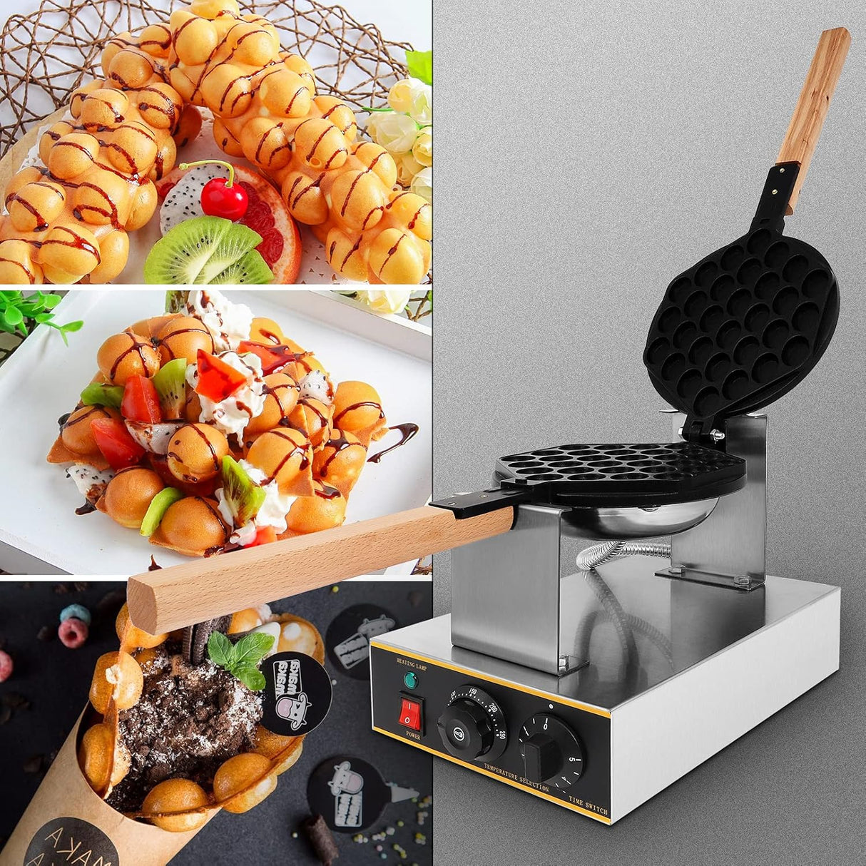 Máquina de Waffles Bubble, Acero Inoxidable 304, 1400W 110V