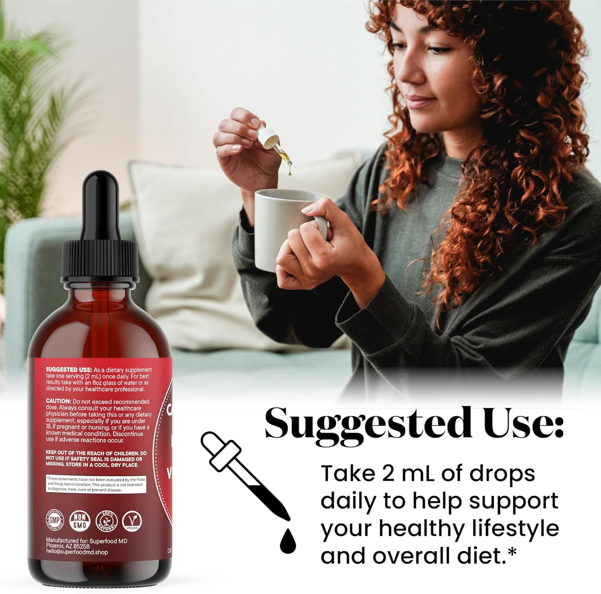 Suplemento Líquido Cayena + Baya de Sauco, D3 K2, Remolacha, Ceylon, Cúrcuma, Ginseng 4 OZ