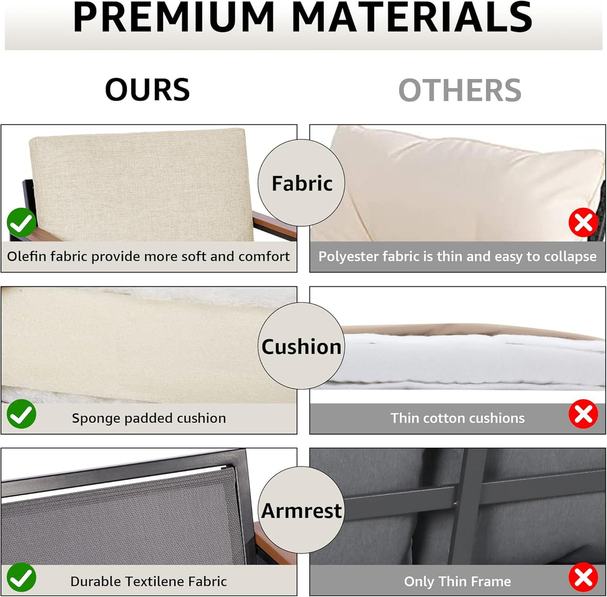 NATURAL EXPRESSIONS Juego de muebles de patio de 4 piezas, muebles de metal para exteriores, muebles seccionales al aire libre, juego de conversación de patio con pasamanos de madera, malla de cabestrillo, cojines de olefina de textura gruesa