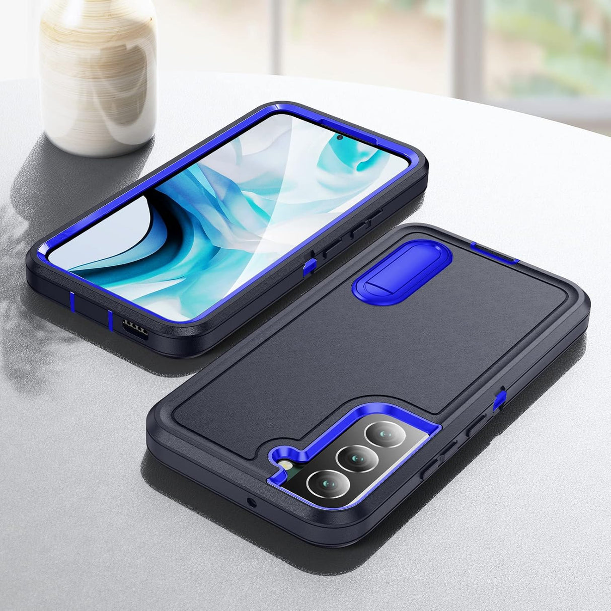 BaHaHoues Funda para Samsung Galaxy S22, Samsung S22 con soporte integrado, a prueba de golpes, polvo y caídas, de grado militar, funda protectora para Galaxy S22 5G de 6.1 pulgadas (azul oscuro/zafiro)