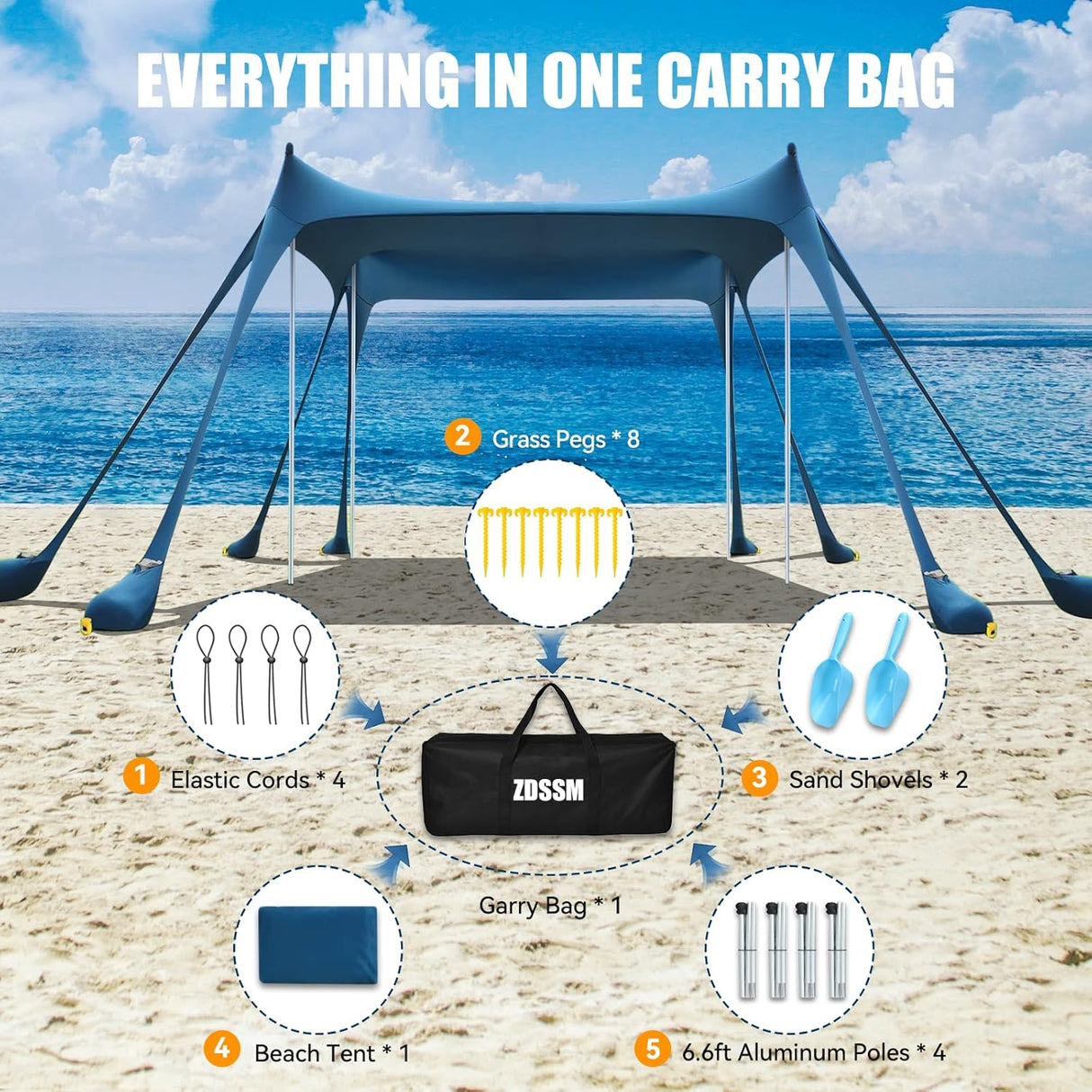 Tienda de playa portátil con protección UPF80+ y 4 postes