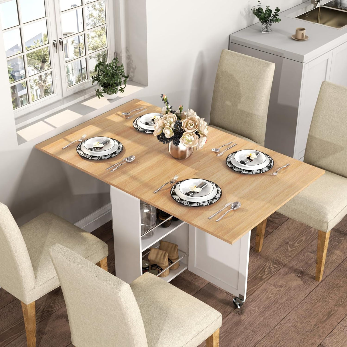 Mesa de Comedor Plegable, con Cajón y Ruedas, Modelo 2023