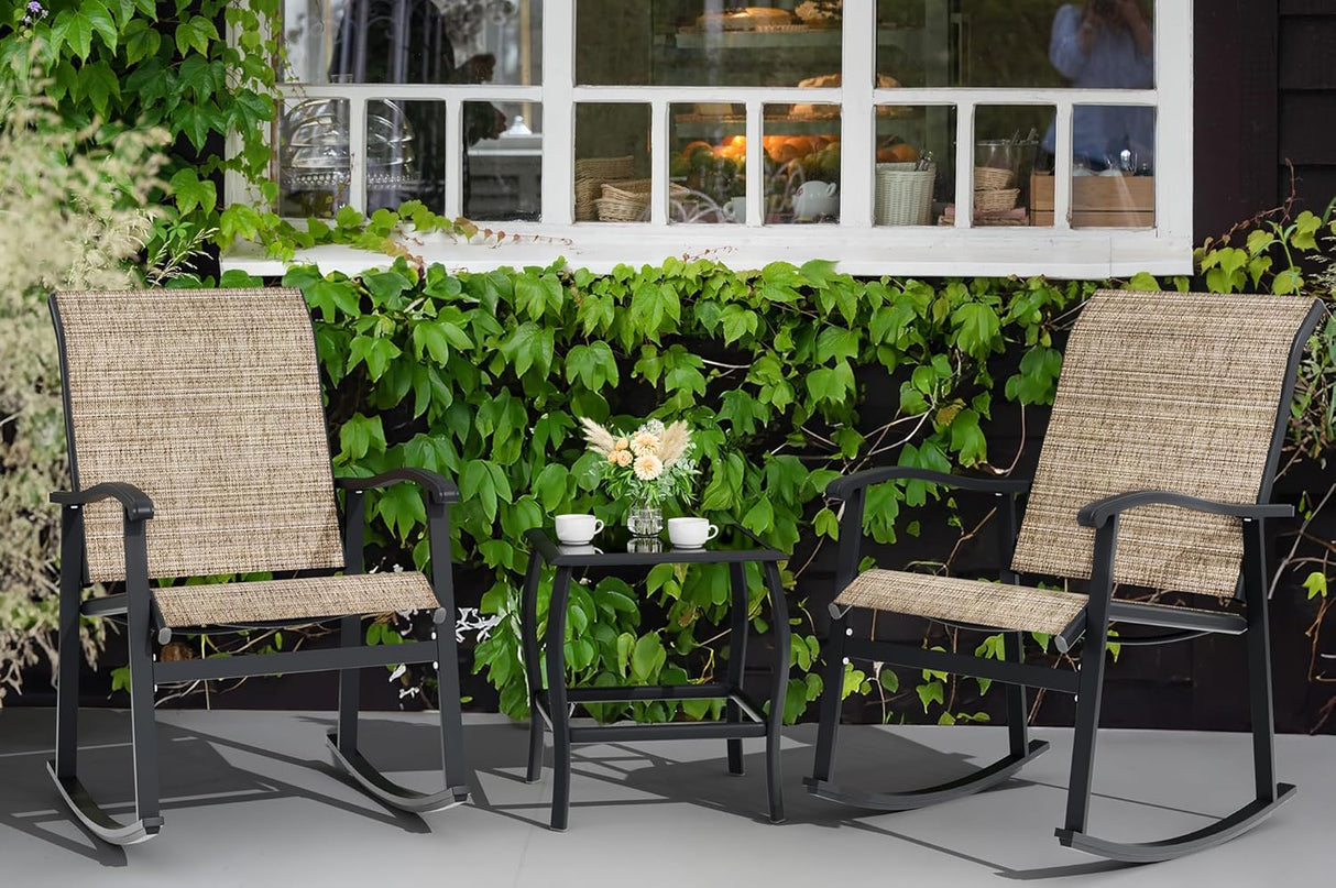 Vongrasig Juego de 3 piezas de muebles de patio pequeños de tela textileno, juego de muebles de patio pequeños, juego de conversación con mesa de vidrio para césped, jardín, balcón, junto a la piscina (marrón)