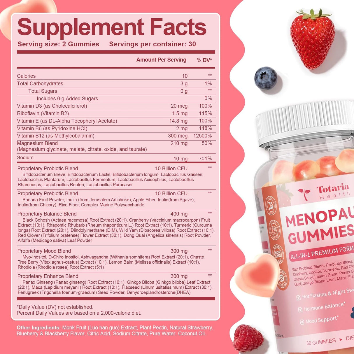 Suplemento Menopausia Sin Azúcar con Black Cohosh,Prebiótico,Red Clove, DIM,Inositol,Arándano,Chasteberry para Menopausia