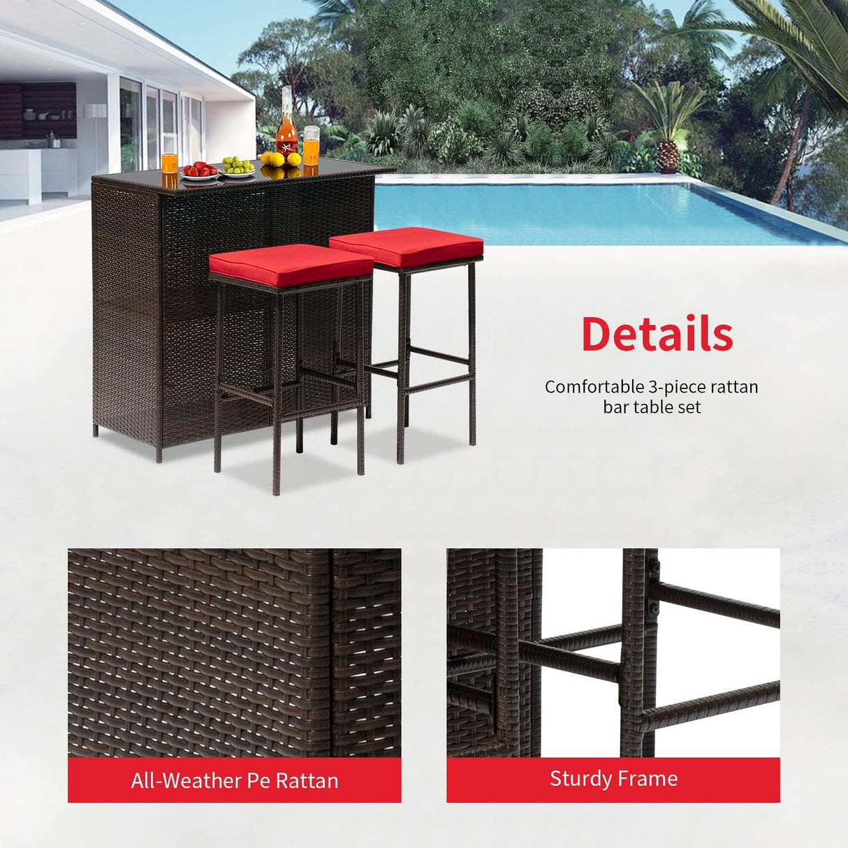 FDW Juego de muebles de mimbre para exteriores, juego de 3 piezas de bar para patio con dos taburetes para patio, balcón, cojín rojo
