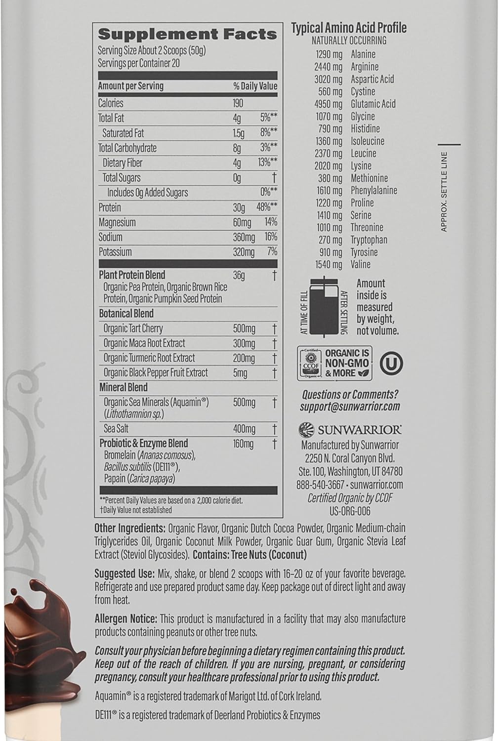 Proteína Vegana Sunwarrior 30g, Orgánica, Sin Azúcar, 20 porciones