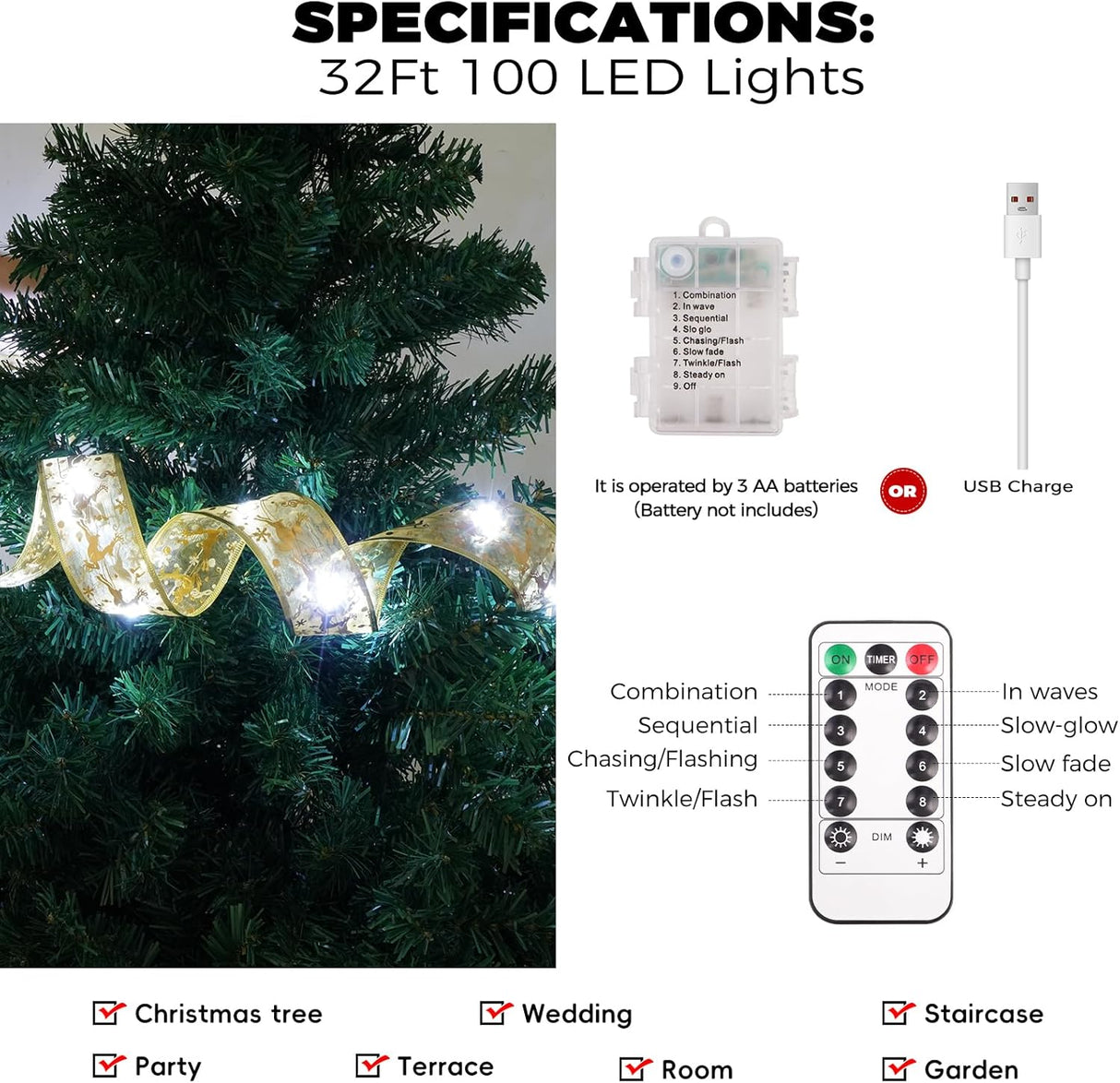 Decoraciones de Árbol de Navidad, 100 LED, Modo de Temporizador