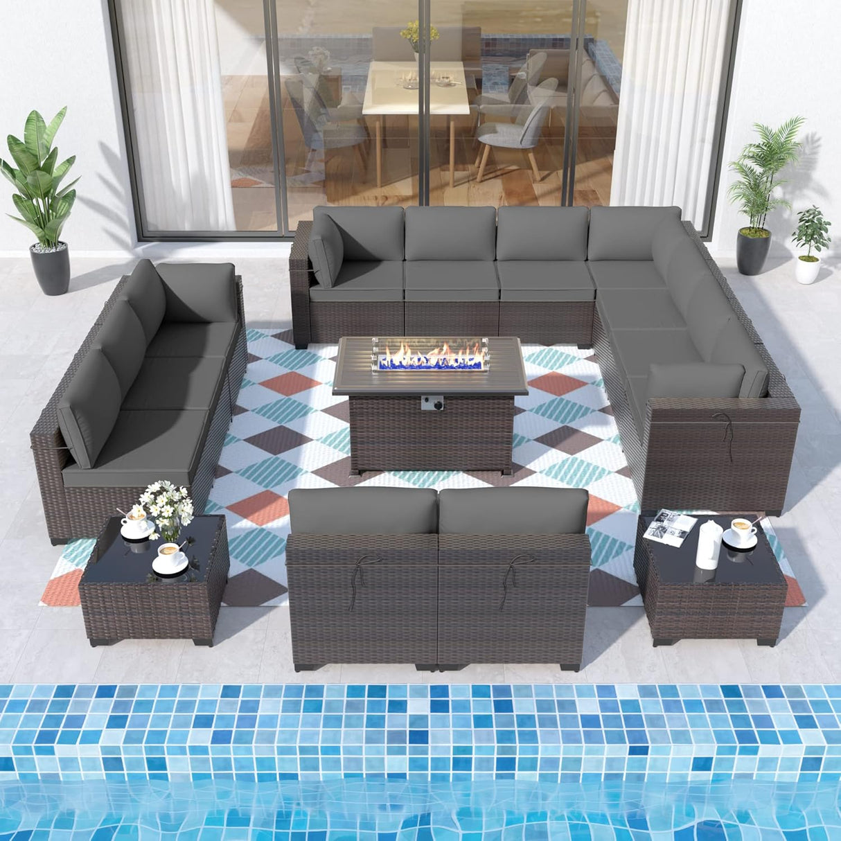ALAULM Juego de 15 muebles de patio para exteriores con mesa para fogata de propano, juegos de sofás seccionales para exteriores, muebles de patio, fogata de gas de 43 pulgadas, juego de conversación de ratán de polietileno marrón con 12 cojines (gris)