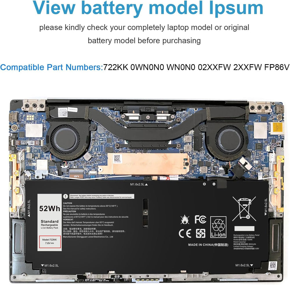 Batería 52Wh 722KK FP86V para Laptop XPS 13 9300/9310/9380