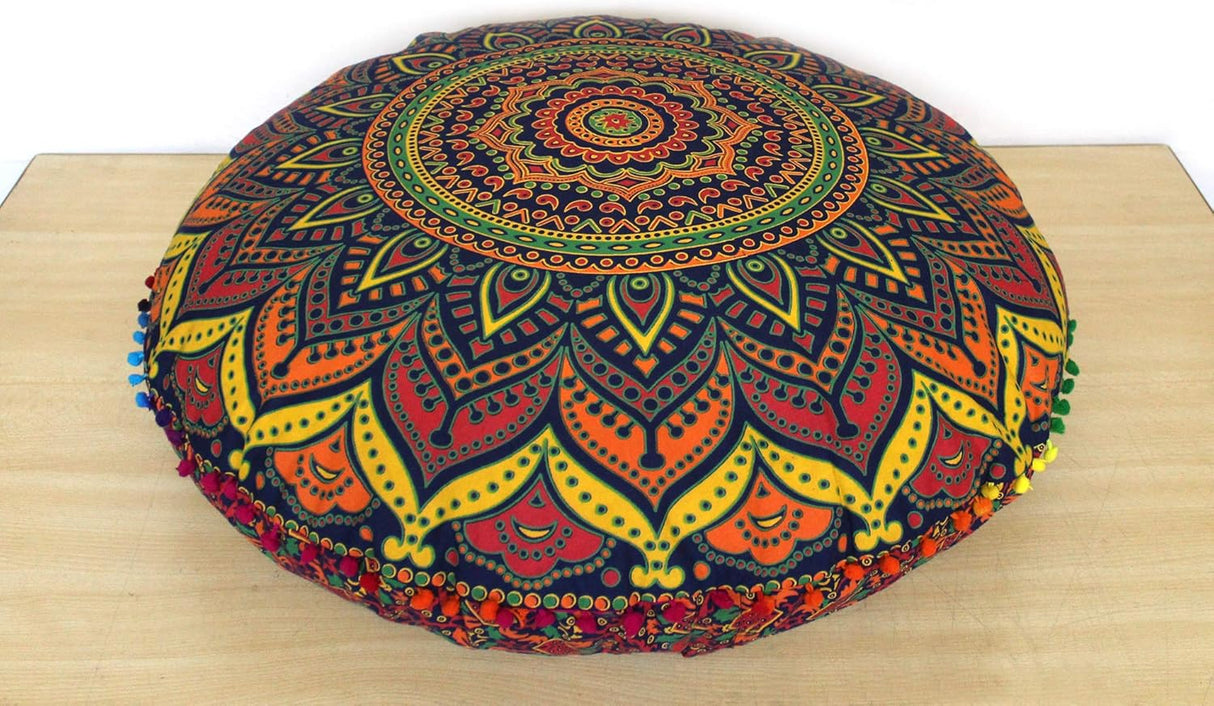 ICC - Almohadas y cojines de suelo de 32 pulgadas, diseño de mandala hippie para meditación, cojín bohemio, funda otomana grande y bohemia para sofá, redondo, azul, multicolor