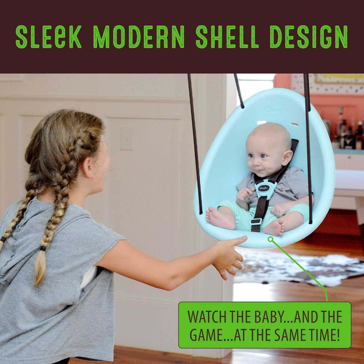 Swurfer Kiwi - Columpio para niños pequeños, cómodo columpio para bebé al aire libre, arnés de seguridad ajustable de 3 puntos, sistema de bloqueo seguro de clic rápido, carcasa forrada de espuma,