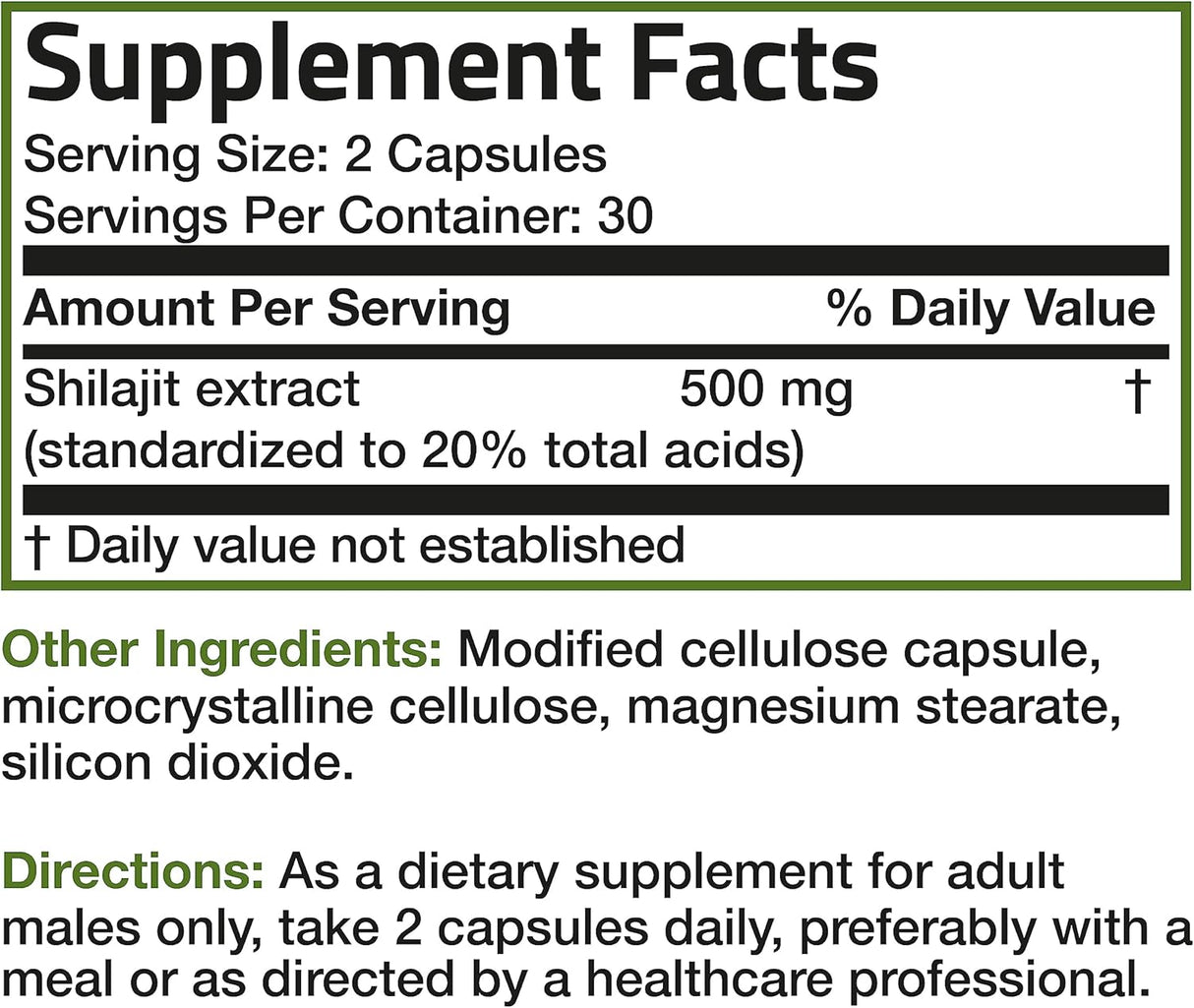 Suplemento Bronson Extracto de Shilajit de 500 mg 60 cáp