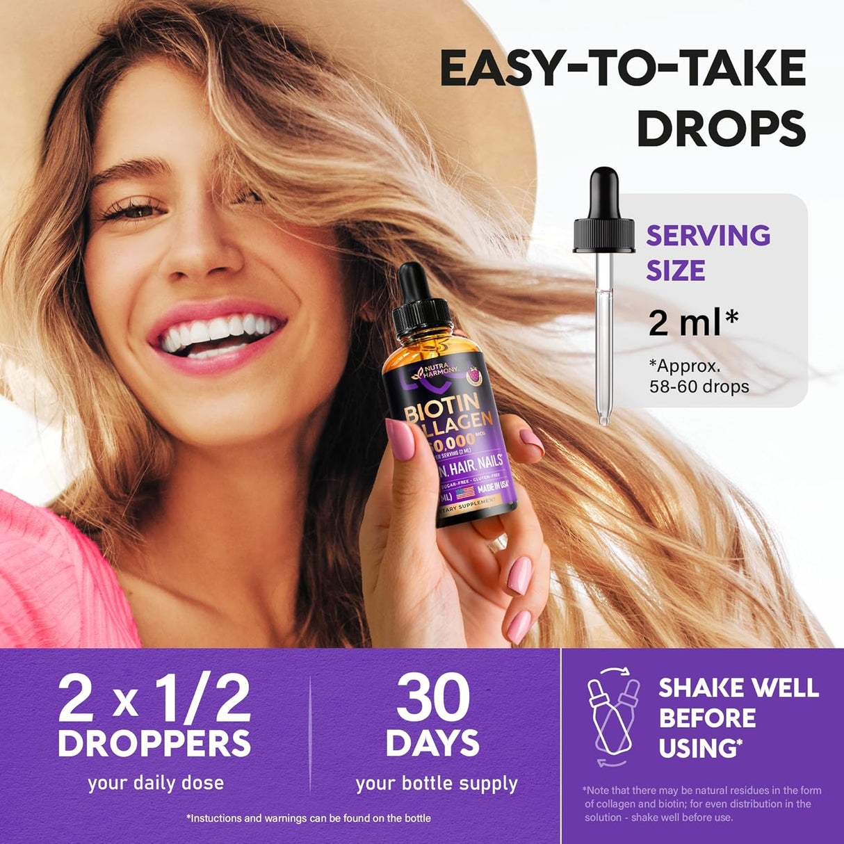 Biotina y colágeno líquidos, crecimiento capilar, uñas y piel