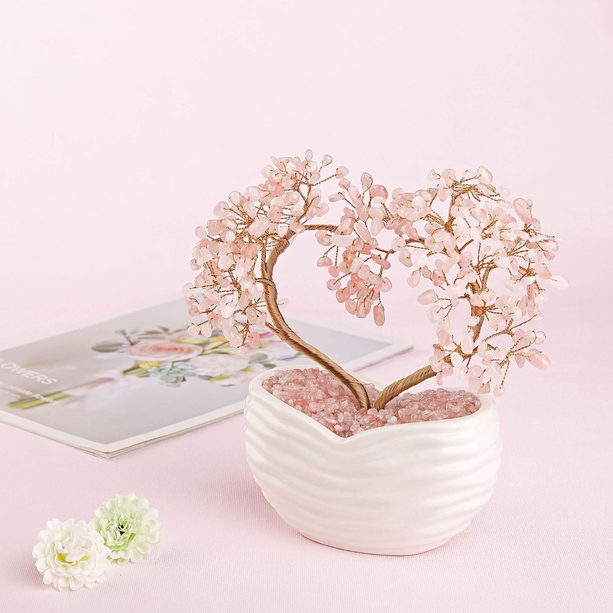 Árbol de dinero de cristal de cuarzo rosa con forma de corazón, adorno de bonsái para ceremonia de boda, reiki, equilibrio de energía, meditación Feng Shui, riqueza y buena suerte, decoración