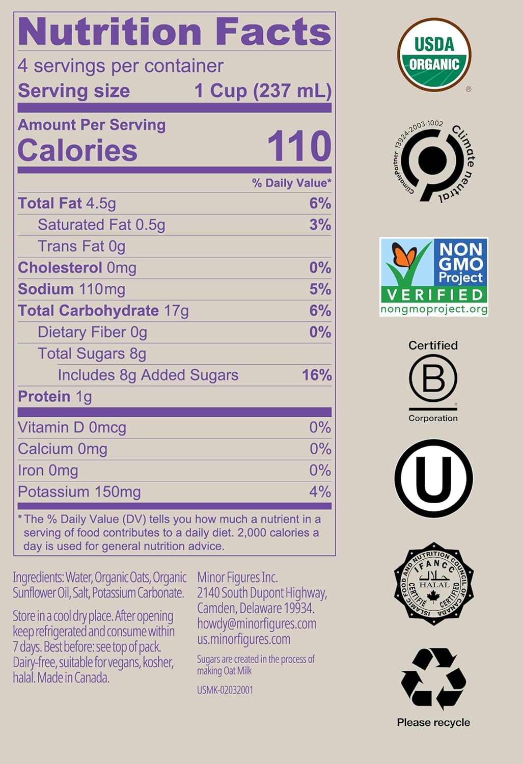 Minor Figures - Leche de avena - Orgánica - Barista Standard - 32 oz - Paquete de 6 - Sin OMG - A base de plantas - Vegano - Sin lácteos - Sin conservación - Sin azúcar