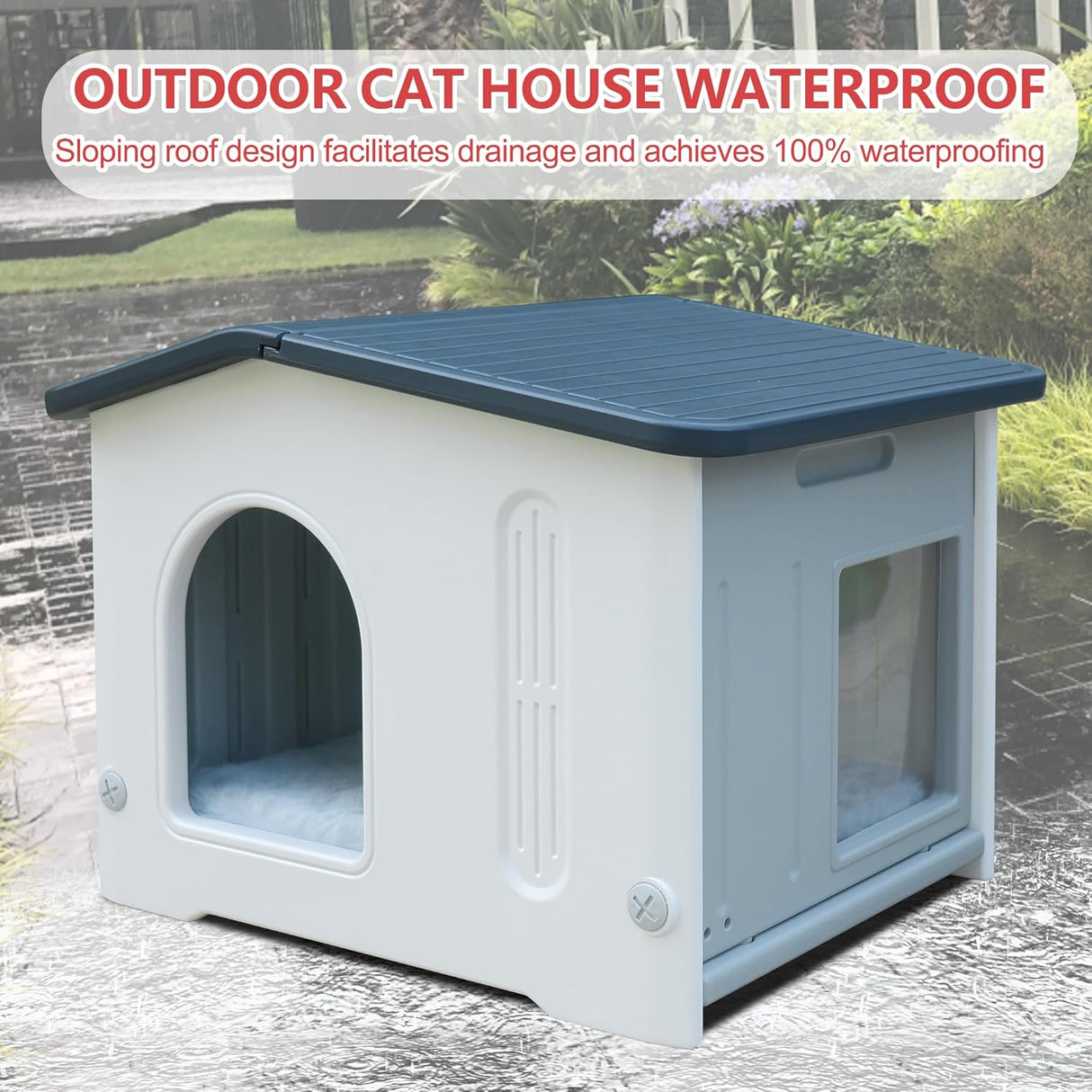 Casa para gatos impermeable, marca desconocida, con puerta de escape.