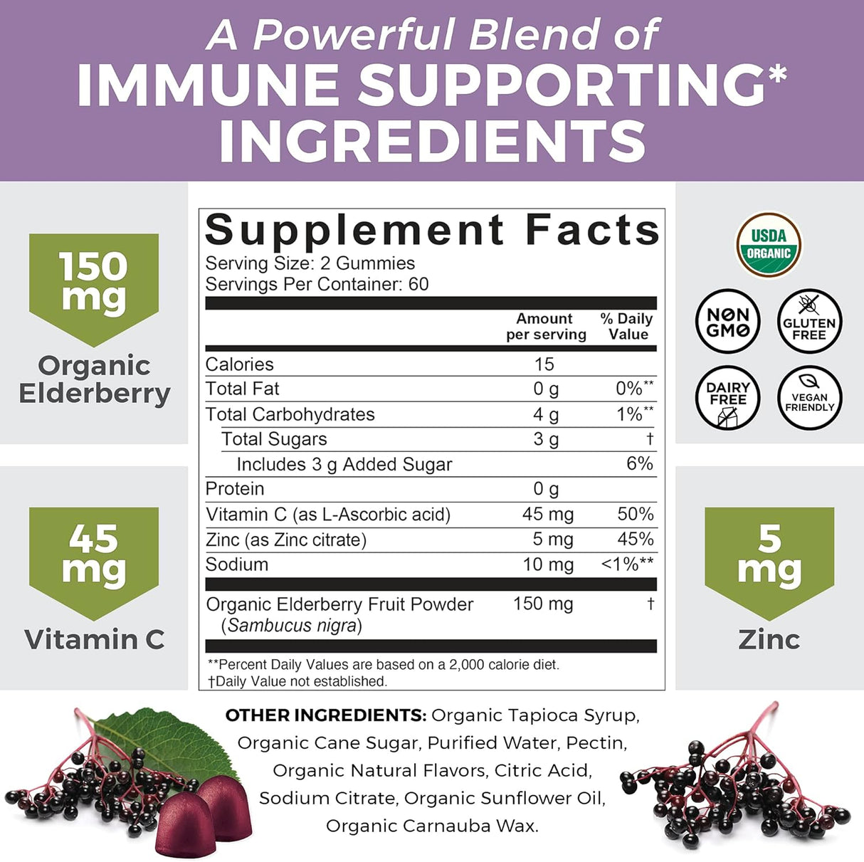 Suplementos Alimenticios de saúco negras orgánicas con zinc