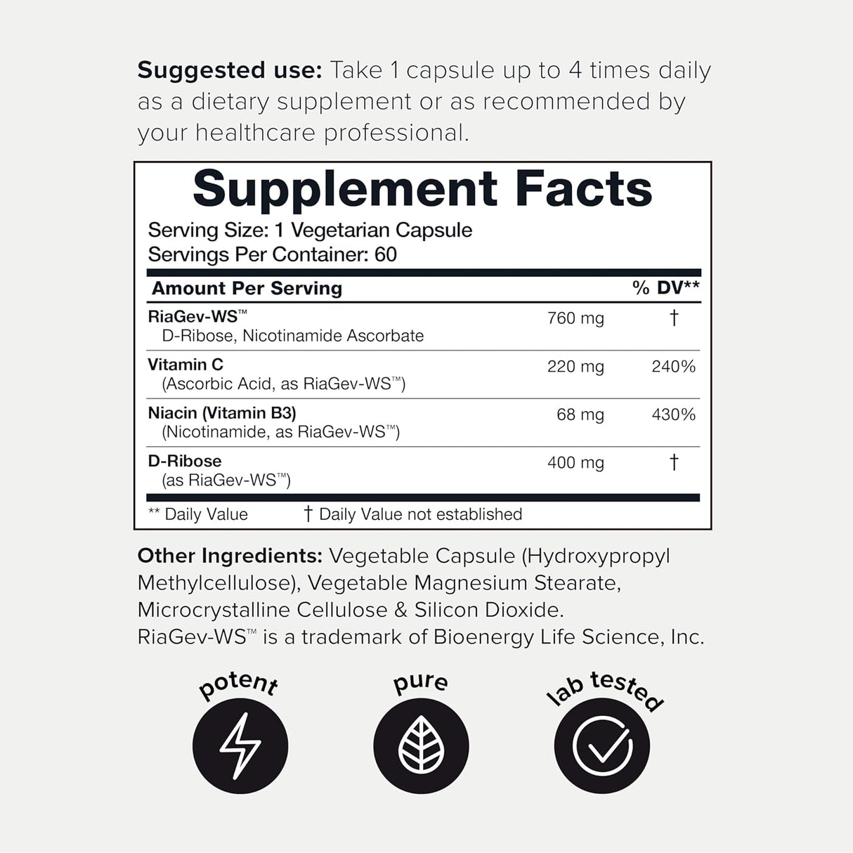 Suplemento NAD de alta potencia con RiaGev y D-Ribosa