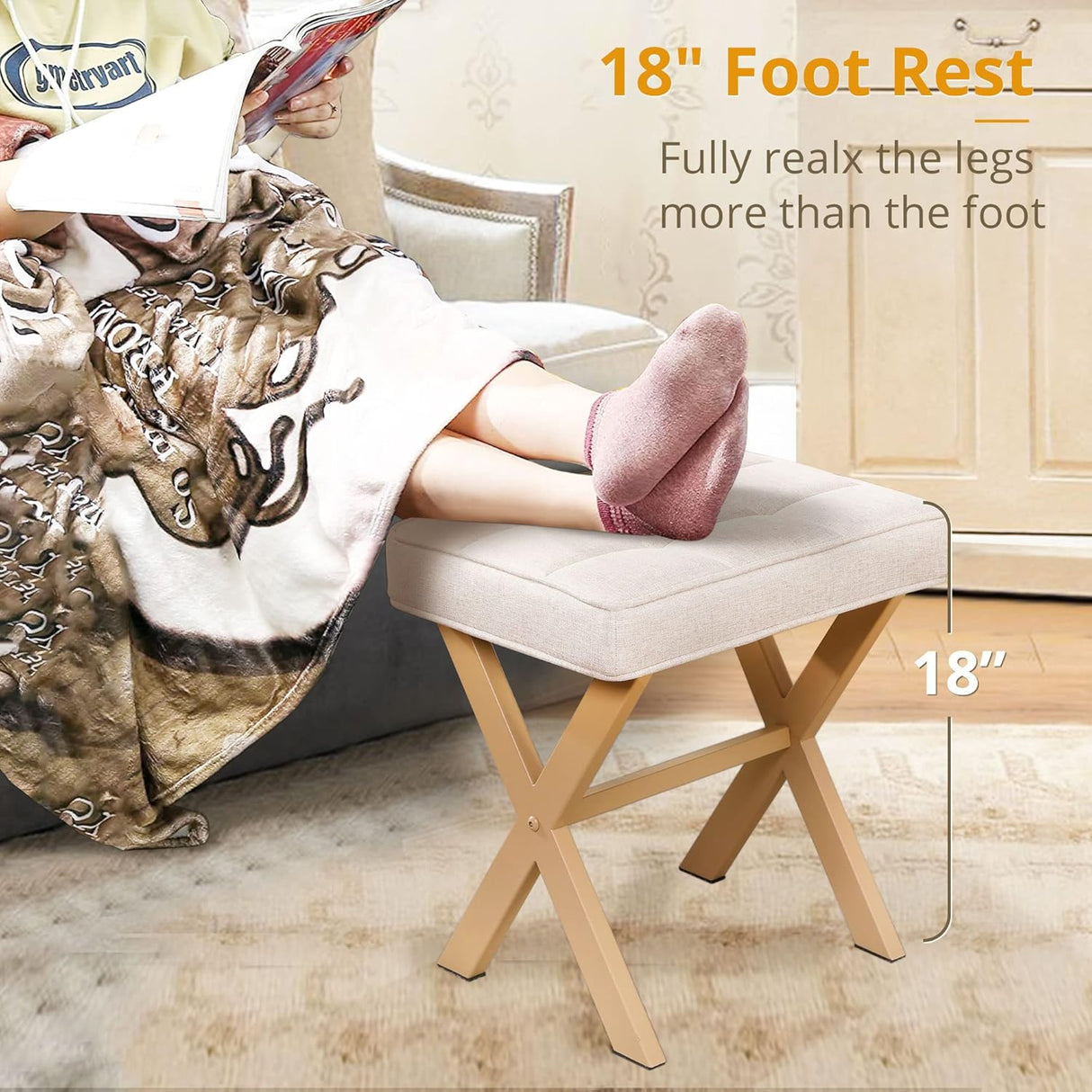 Taburete de Maquillaje Cuadrado con Patas de Metal X, Modelo LUE BONA