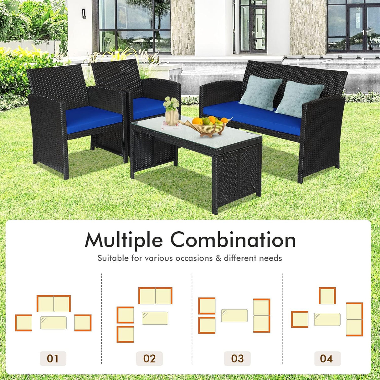 Goplus Juego de muebles de ratán para patio, 4 piezas, sofá y mesa de mimbre para exteriores con cojines suaves y mesa de centro de vidrio templado para balcón, jardín, patio trasero (azul)