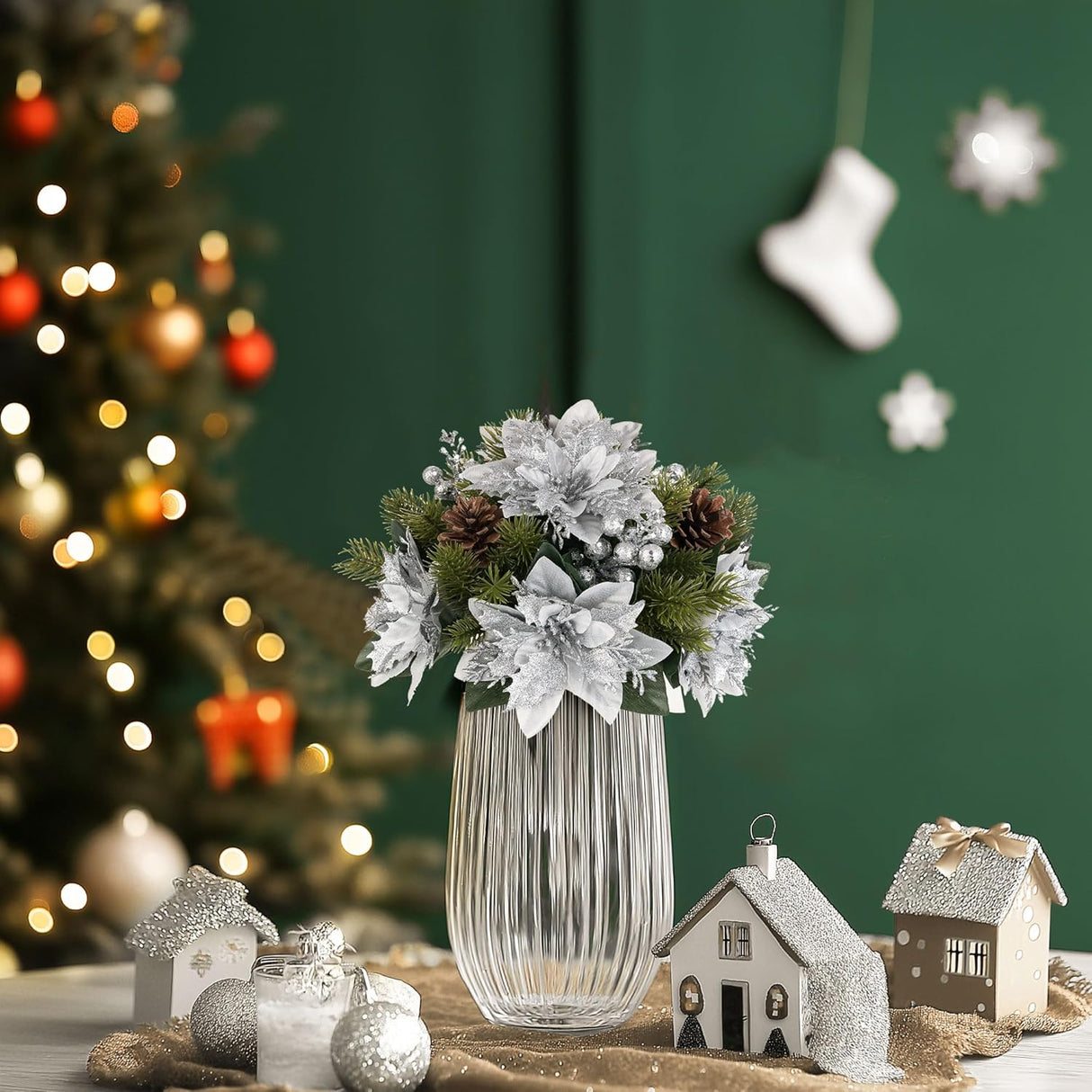 Flores Navideñas Artificiales BLOSMON 6 Pcs Poinsettias Glitter